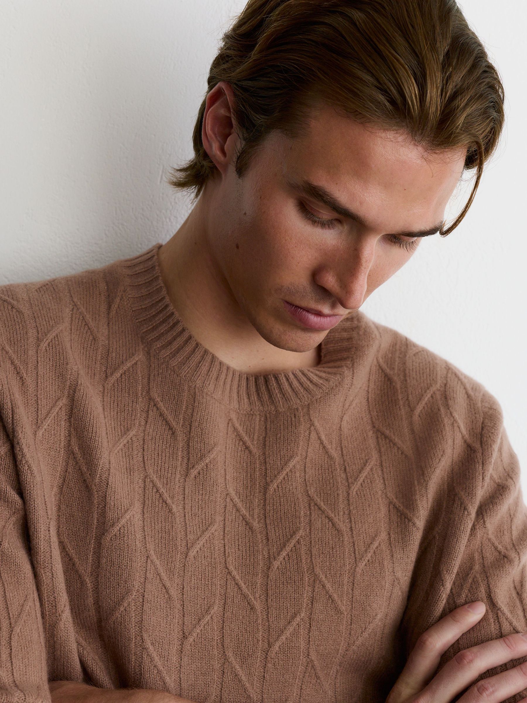 Wool Twisted-Cable Crew-Neck Jumper in Camel Brown - Image 3 of 7