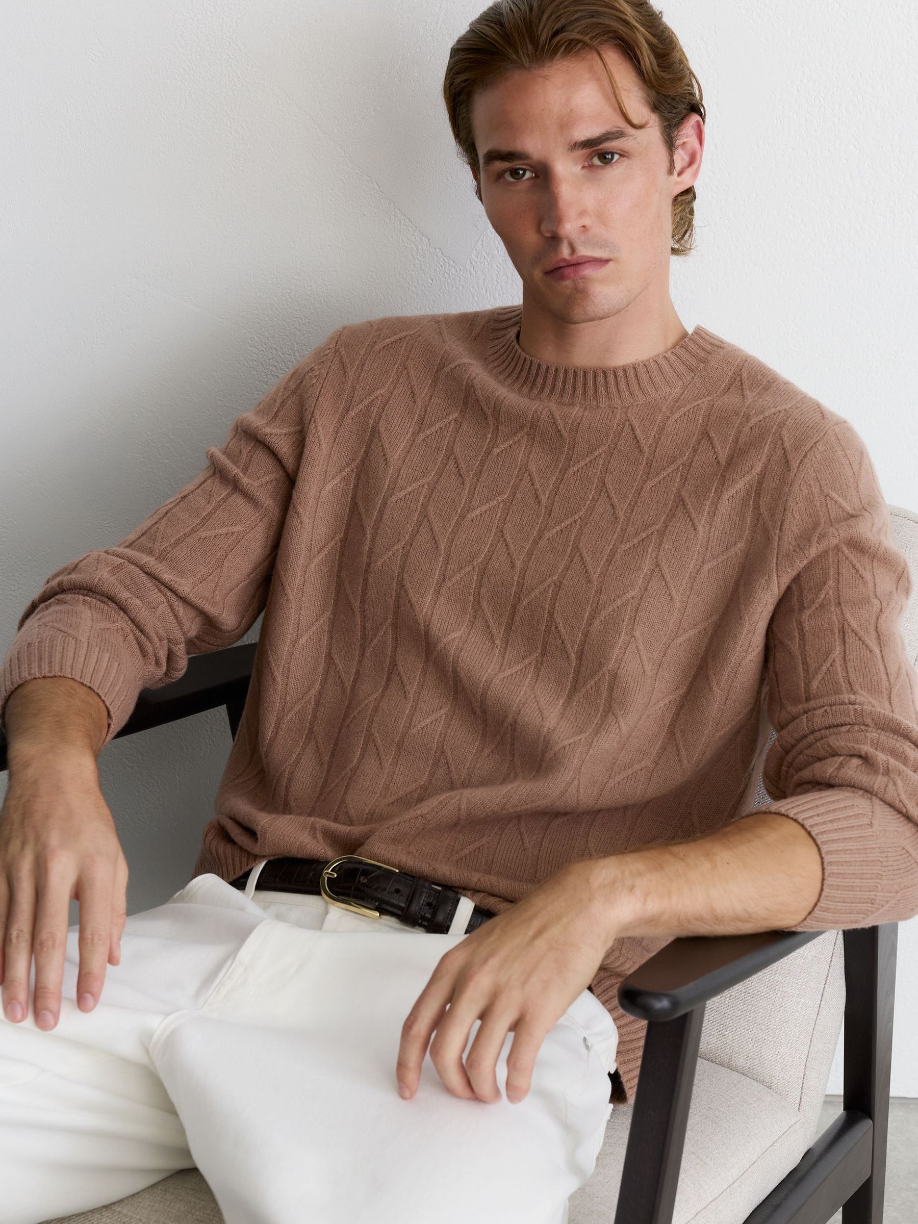 Wool Twisted-Cable Crew-Neck Jumper in Camel Brown - Image 4 of 7