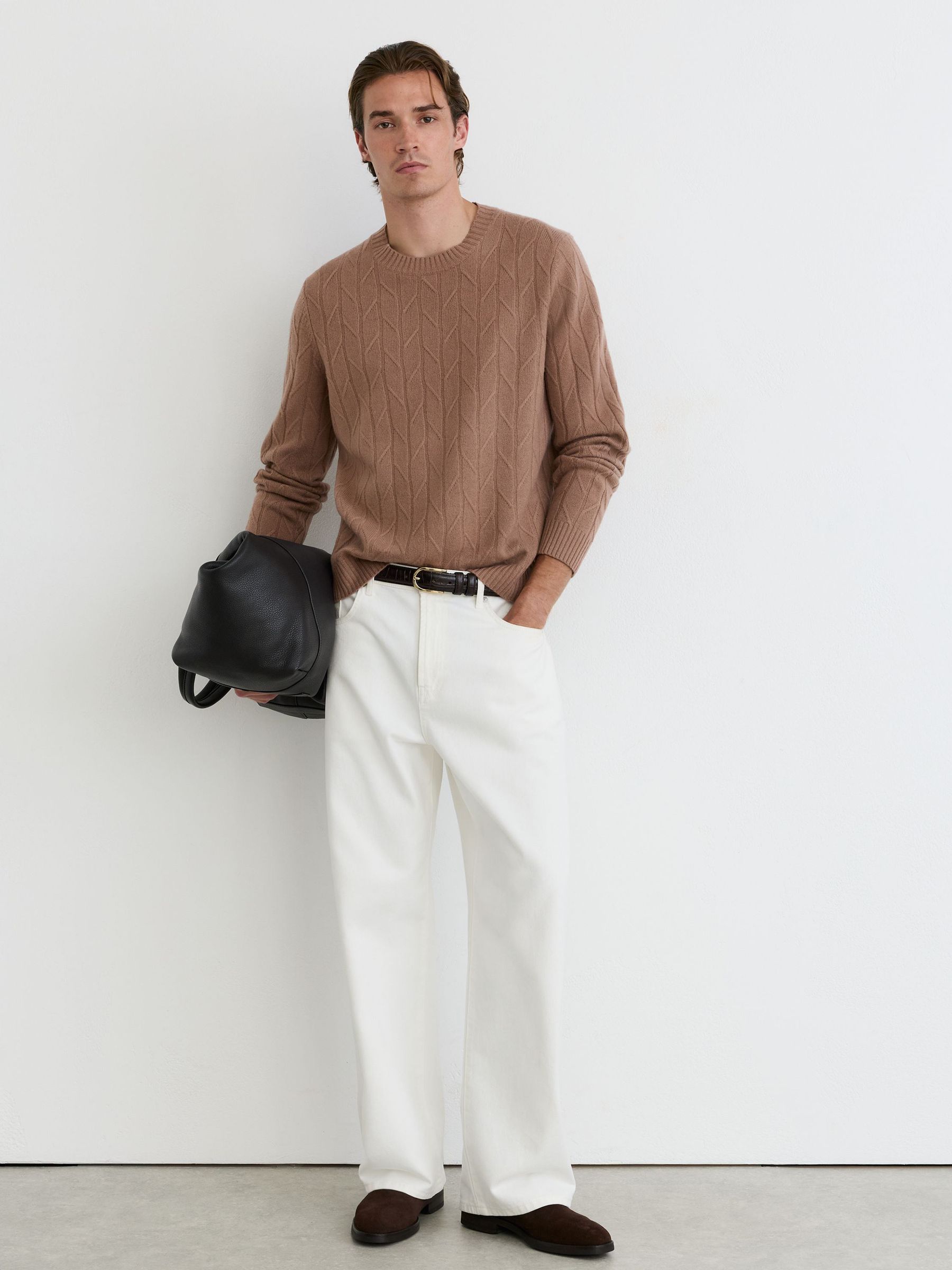 Wool Twisted-Cable Crew-Neck Jumper in Camel Brown - Image 5 of 7