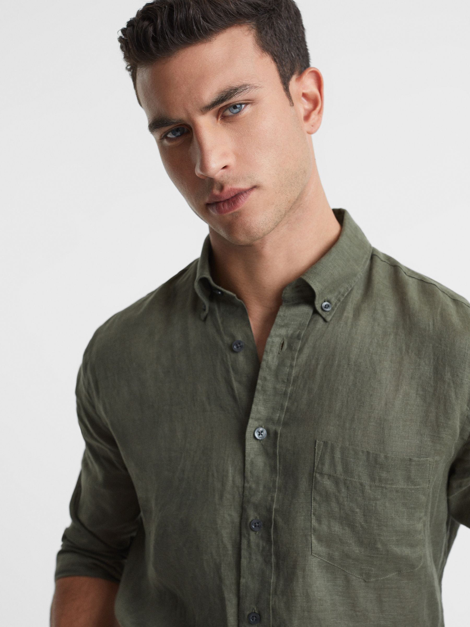 Slim Fit Linen Button-Down Shirt in Olive - Image 1 of 5