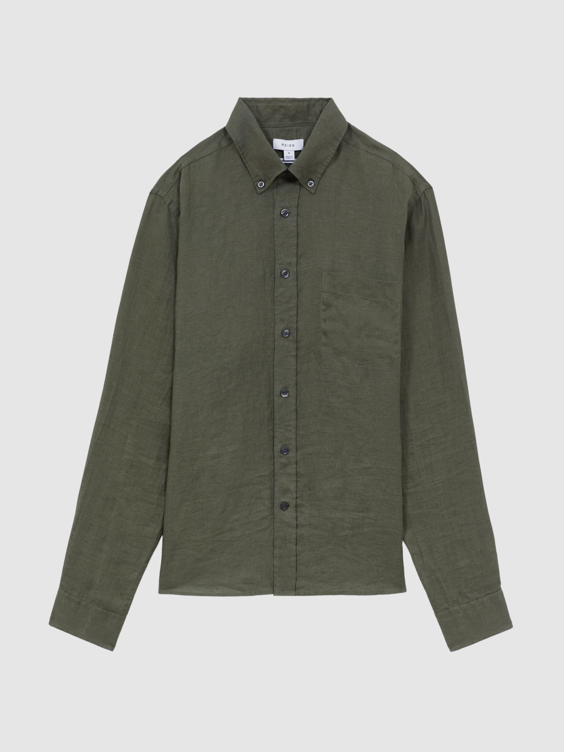 Slim Fit Linen Button-Down Shirt in Olive - Image 2 of 5