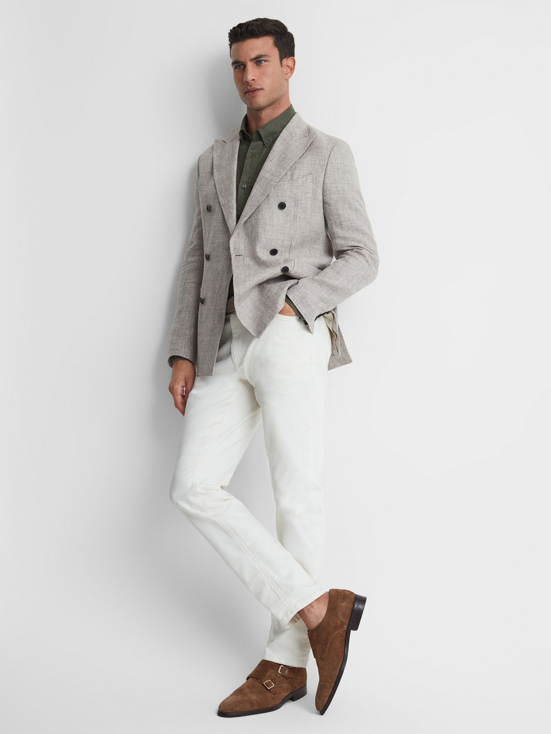 Slim Fit Linen Button-Down Shirt in Olive - Image 3 of 5