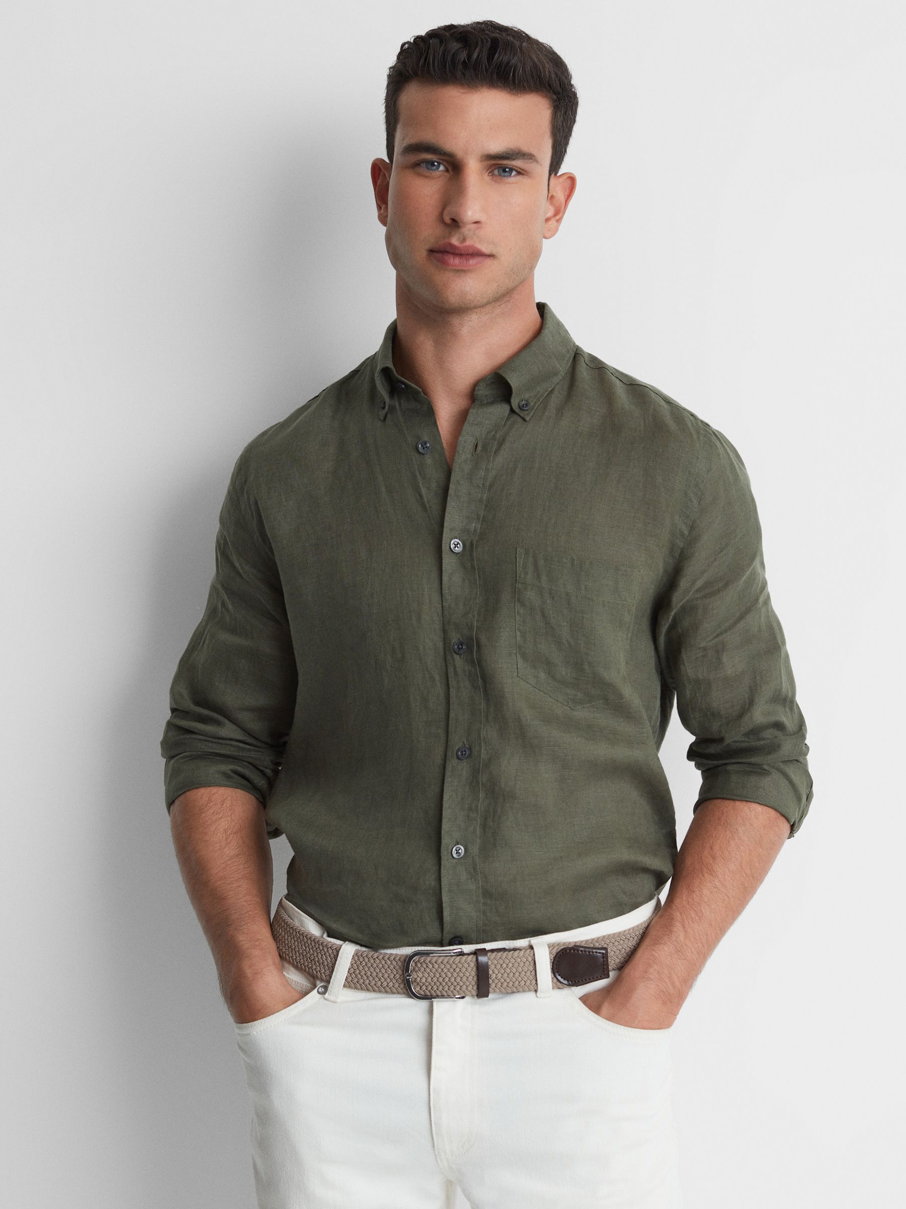 Slim Fit Linen Button-Down Shirt in Olive - Image 4 of 5