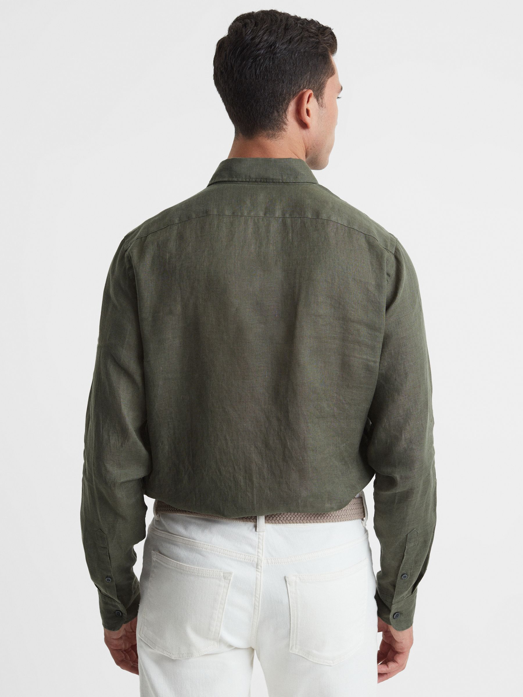 Slim Fit Linen Button-Down Shirt in Olive - Image 5 of 5
