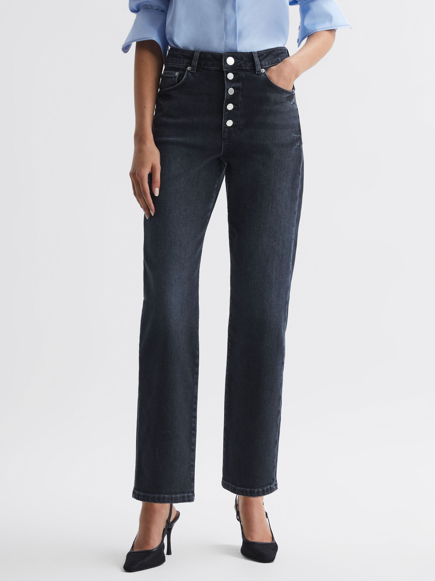 Cropped Mid Rise Straight Leg Jeans in Black - Image 1 of 6