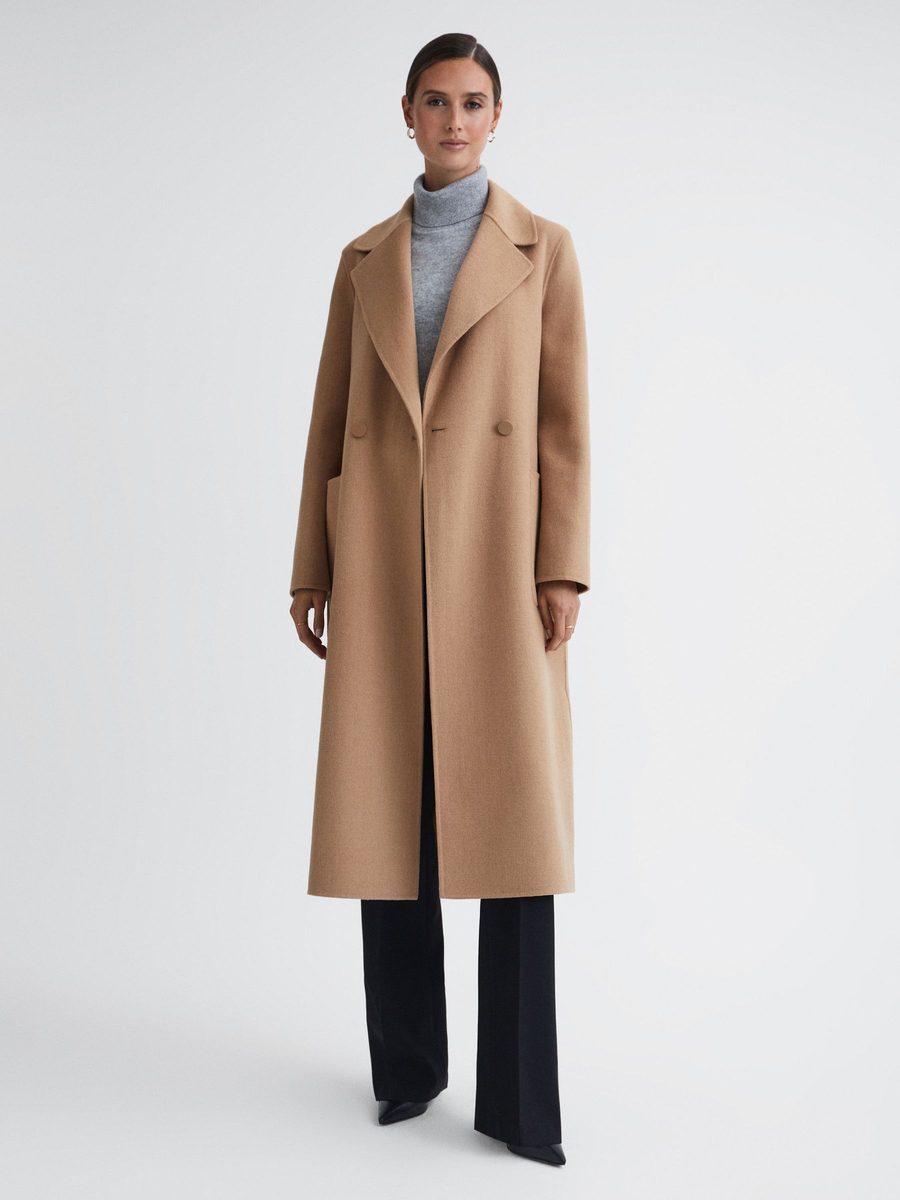 Reiss Long Wool Blend Blindseam Coat in Camel REISS