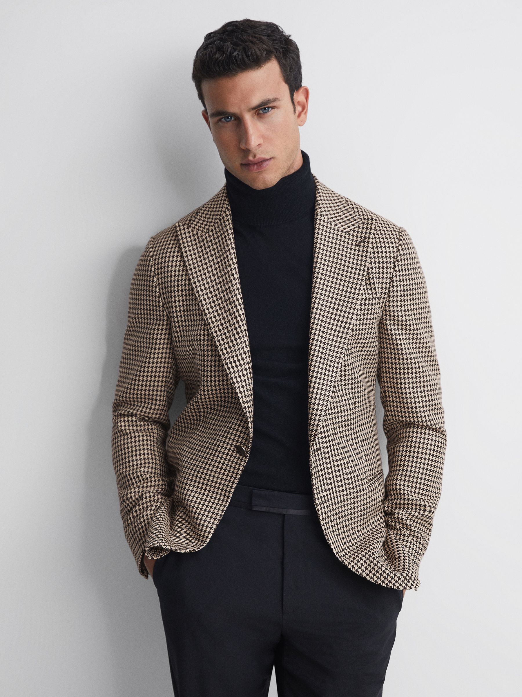Slim Fit Single Breasted Dogtooth Blazer in Black/Ivory - Image 1 of 6