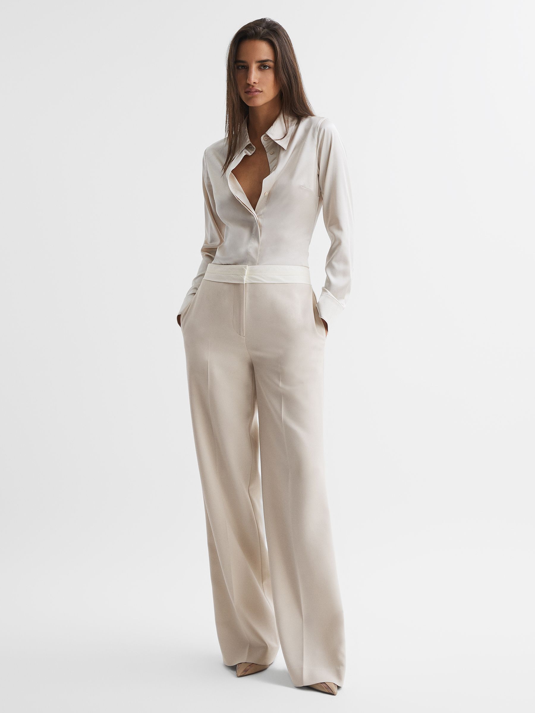 Mid Rise Contrast Wide Leg Suit Trousers in Neutral - Image 1 of 5