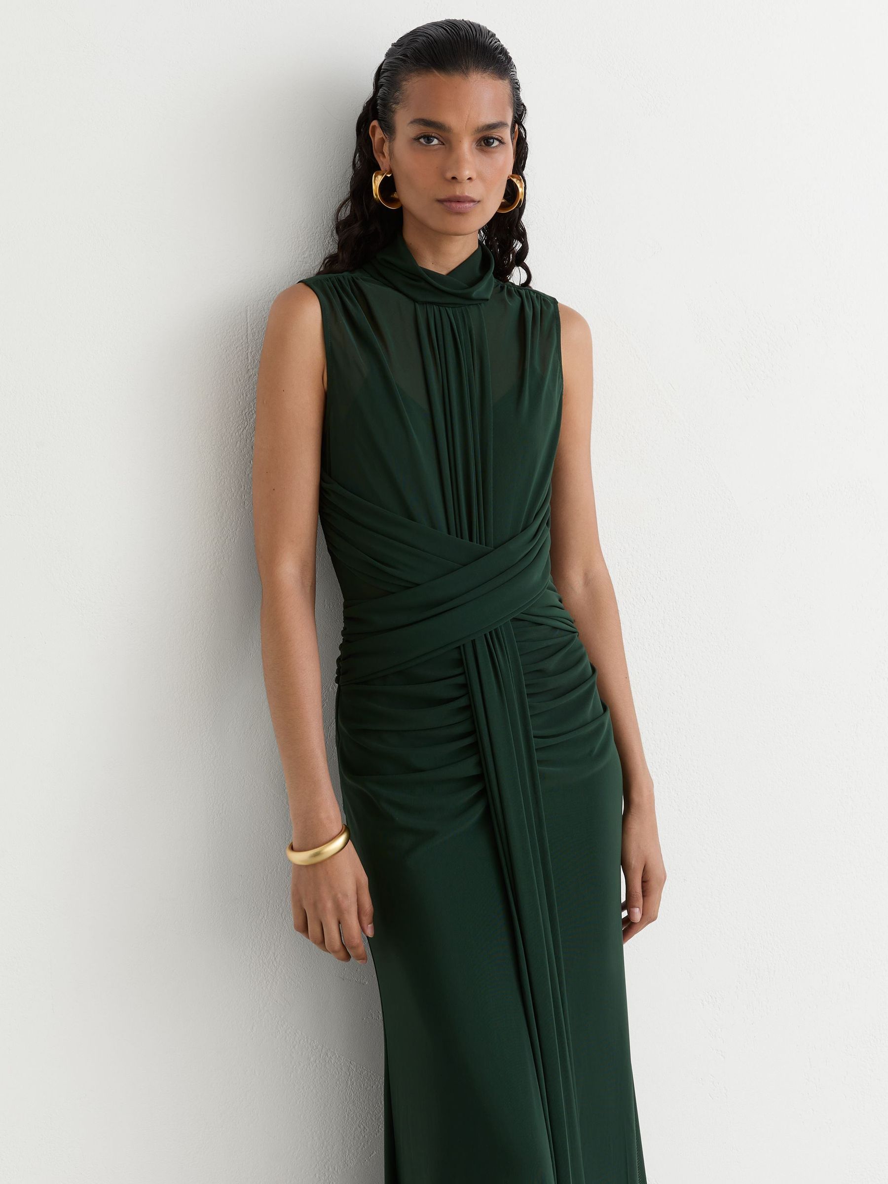 Sheer Ruched Sleeveless Maxi Dress in Green - Image 1 of 7