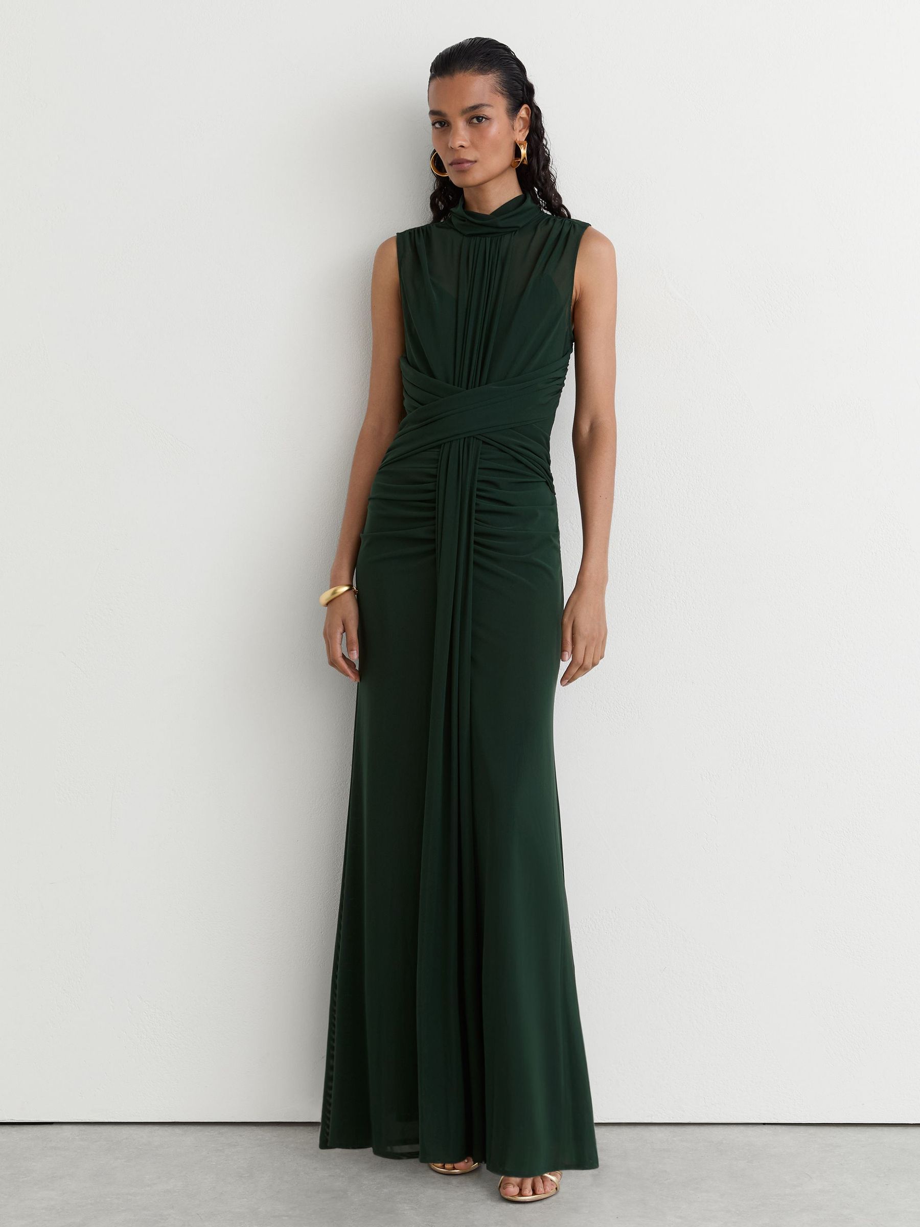 Sheer Ruched Sleeveless Maxi Dress in Green - Image 4 of 7