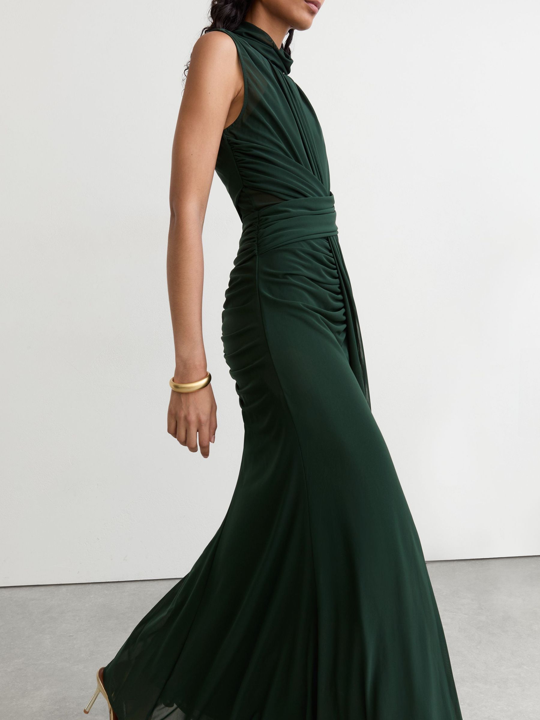 Sheer Ruched Sleeveless Maxi Dress in Green - Image 6 of 7