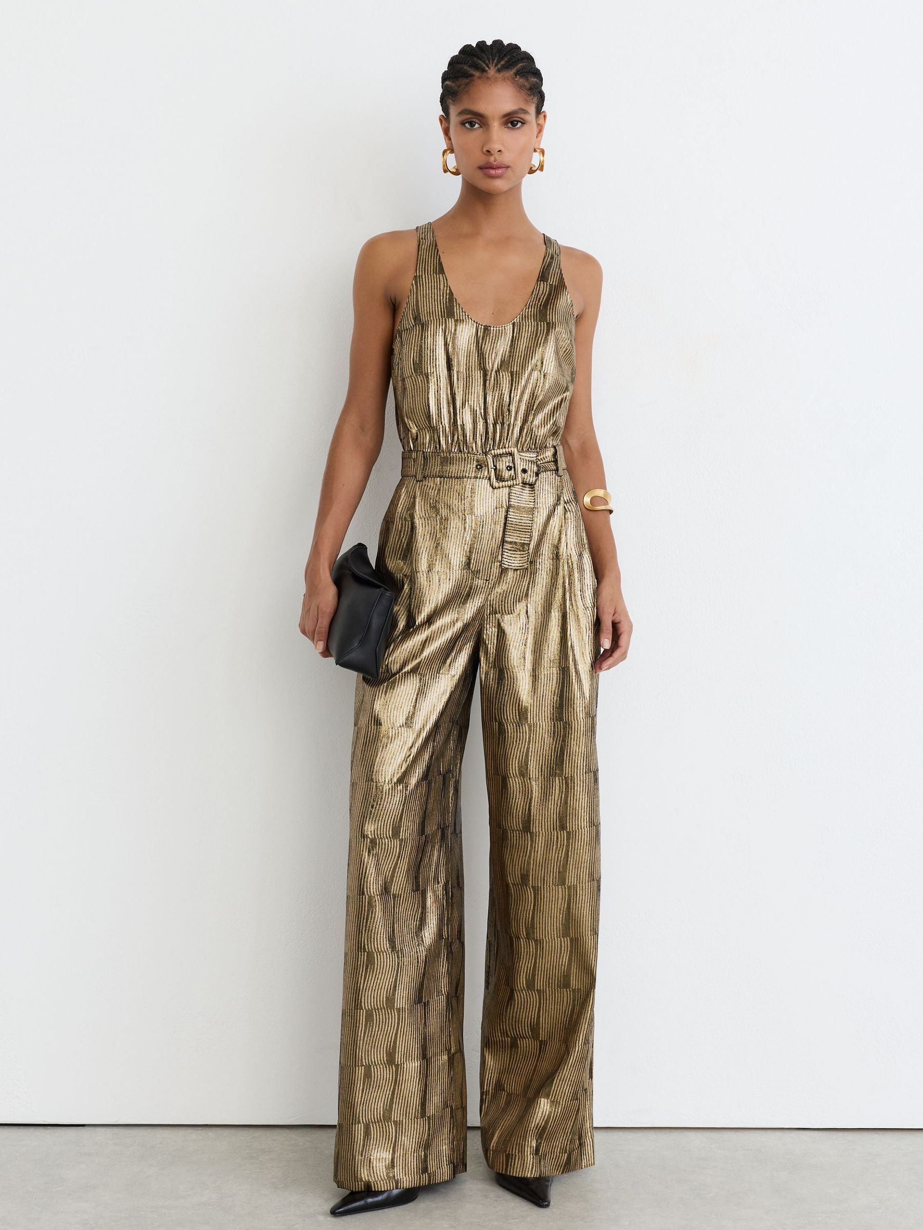 Metallic Sleeveless Belted Wide-Leg Jumpsuit in Gold - Image 1 of 8