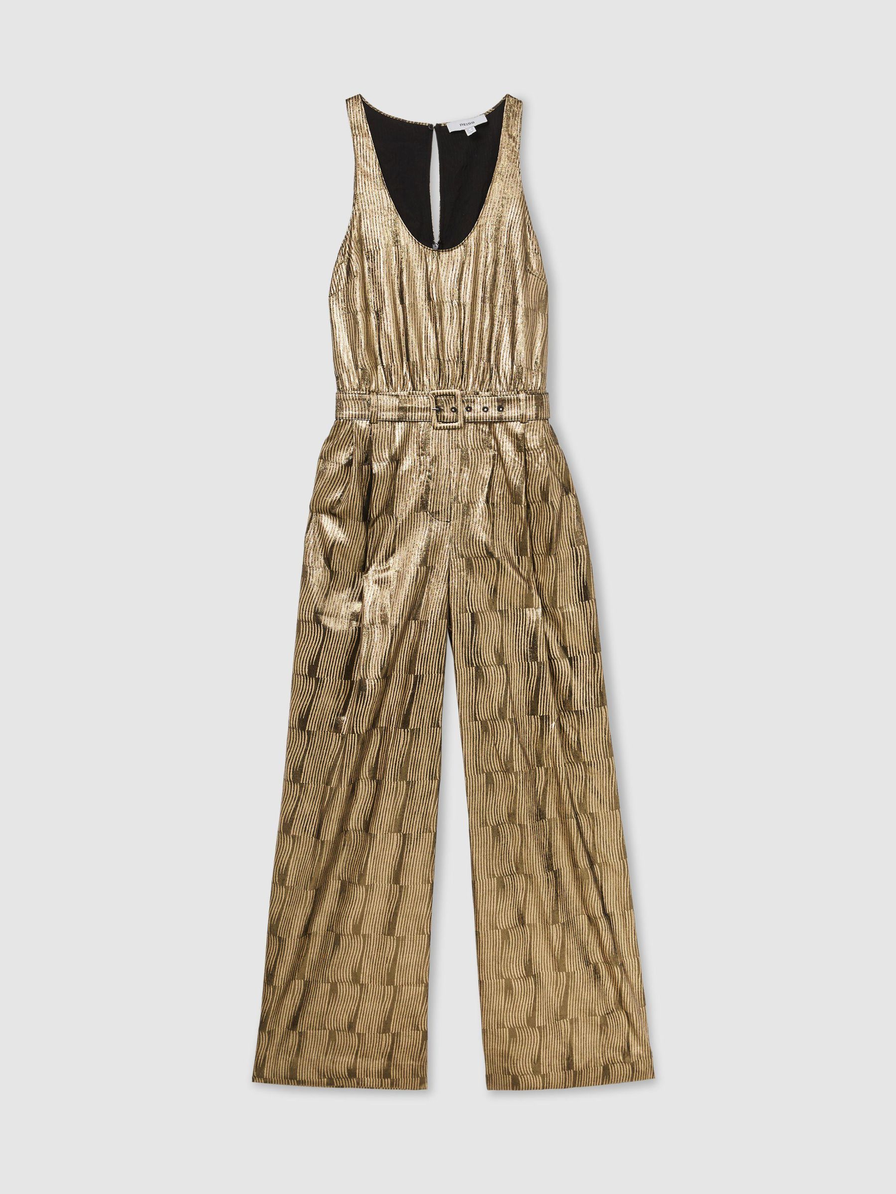 Metallic Sleeveless Belted Wide-Leg Jumpsuit in Gold - Image 2 of 8