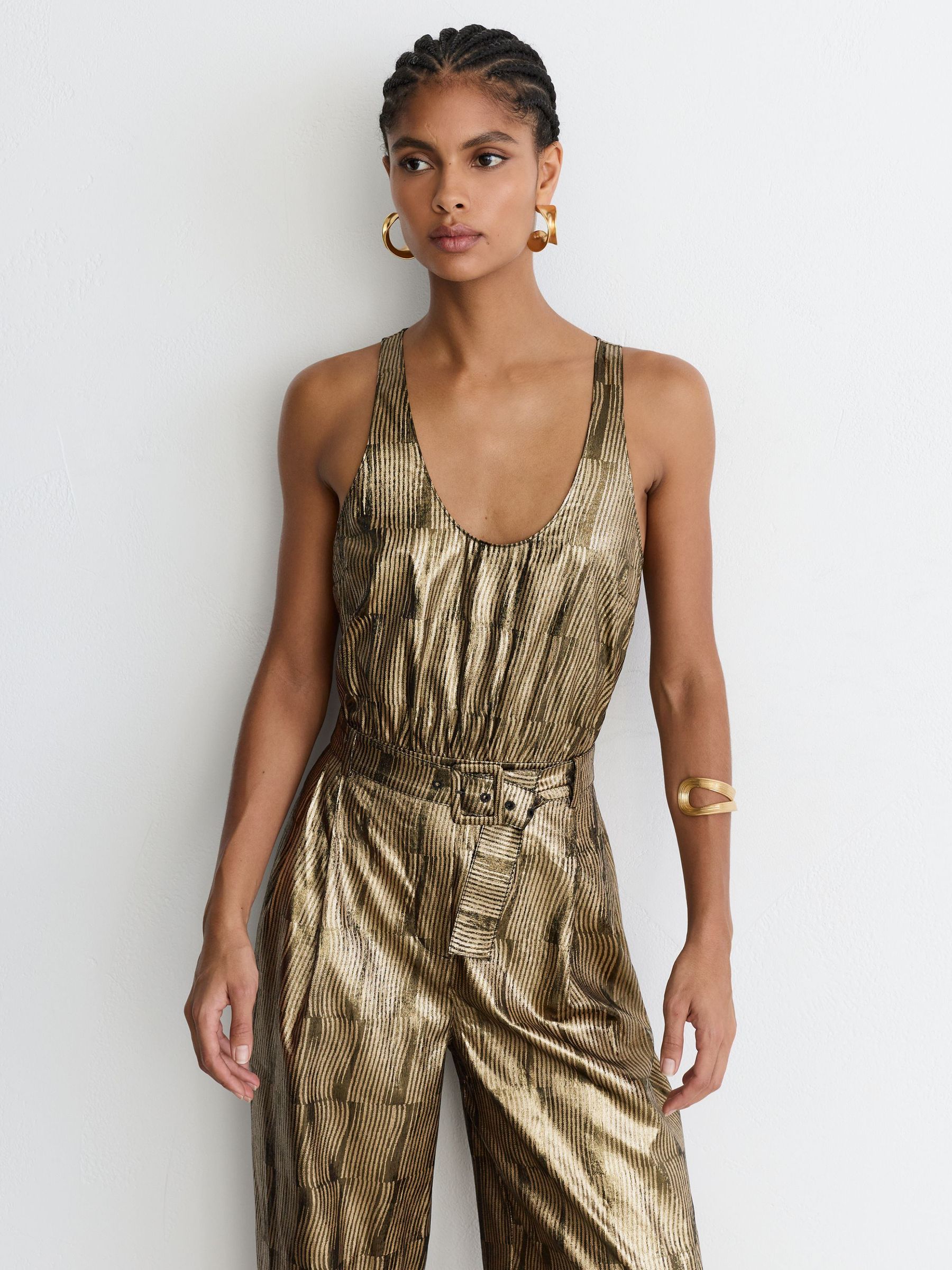Metallic Sleeveless Belted Wide-Leg Jumpsuit in Gold - Image 3 of 8