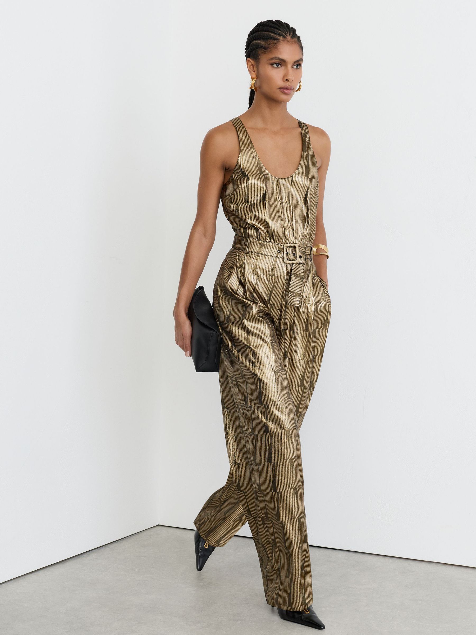 Metallic Sleeveless Belted Wide-Leg Jumpsuit in Gold - Image 4 of 8