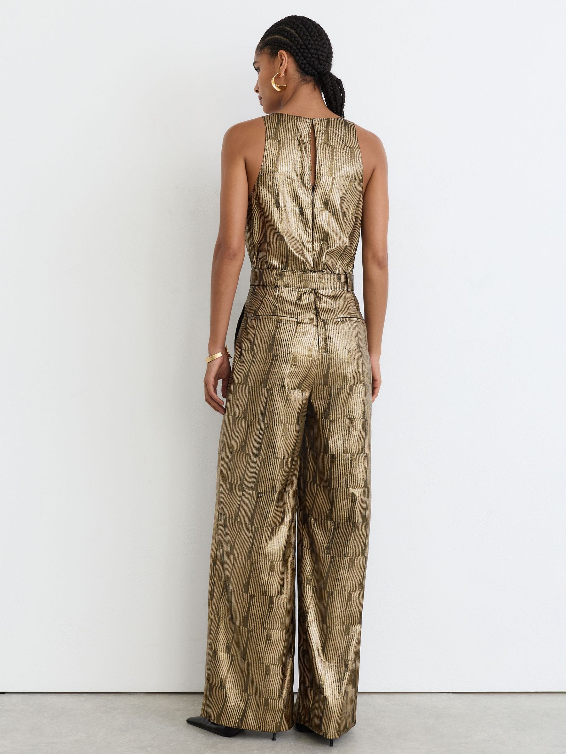 Metallic Sleeveless Belted Wide-Leg Jumpsuit in Gold - Image 7 of 8