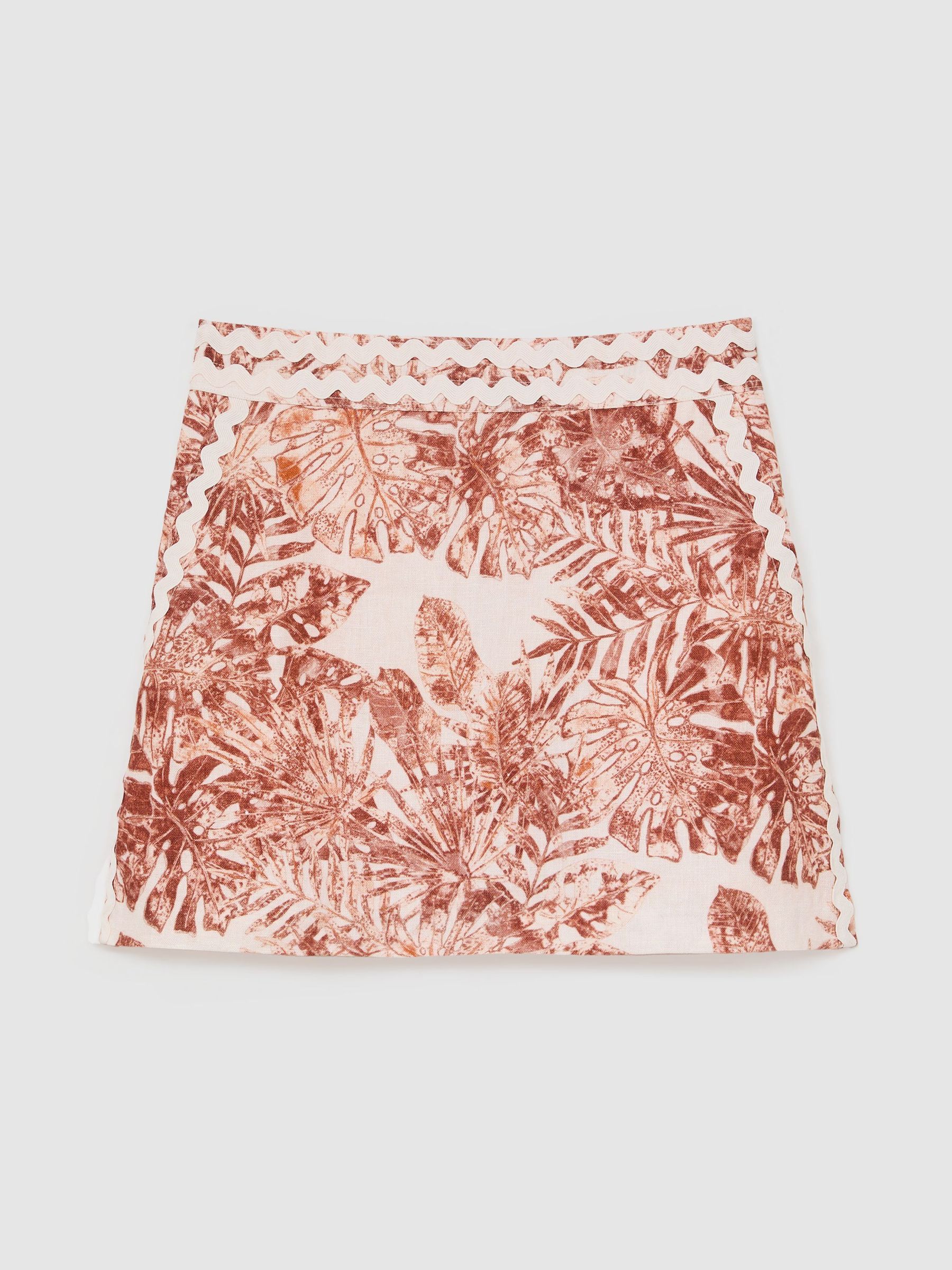 Linen Leaf-Print Wave-Trim Mini Skirt in Pale Pink - Image 2 of 6