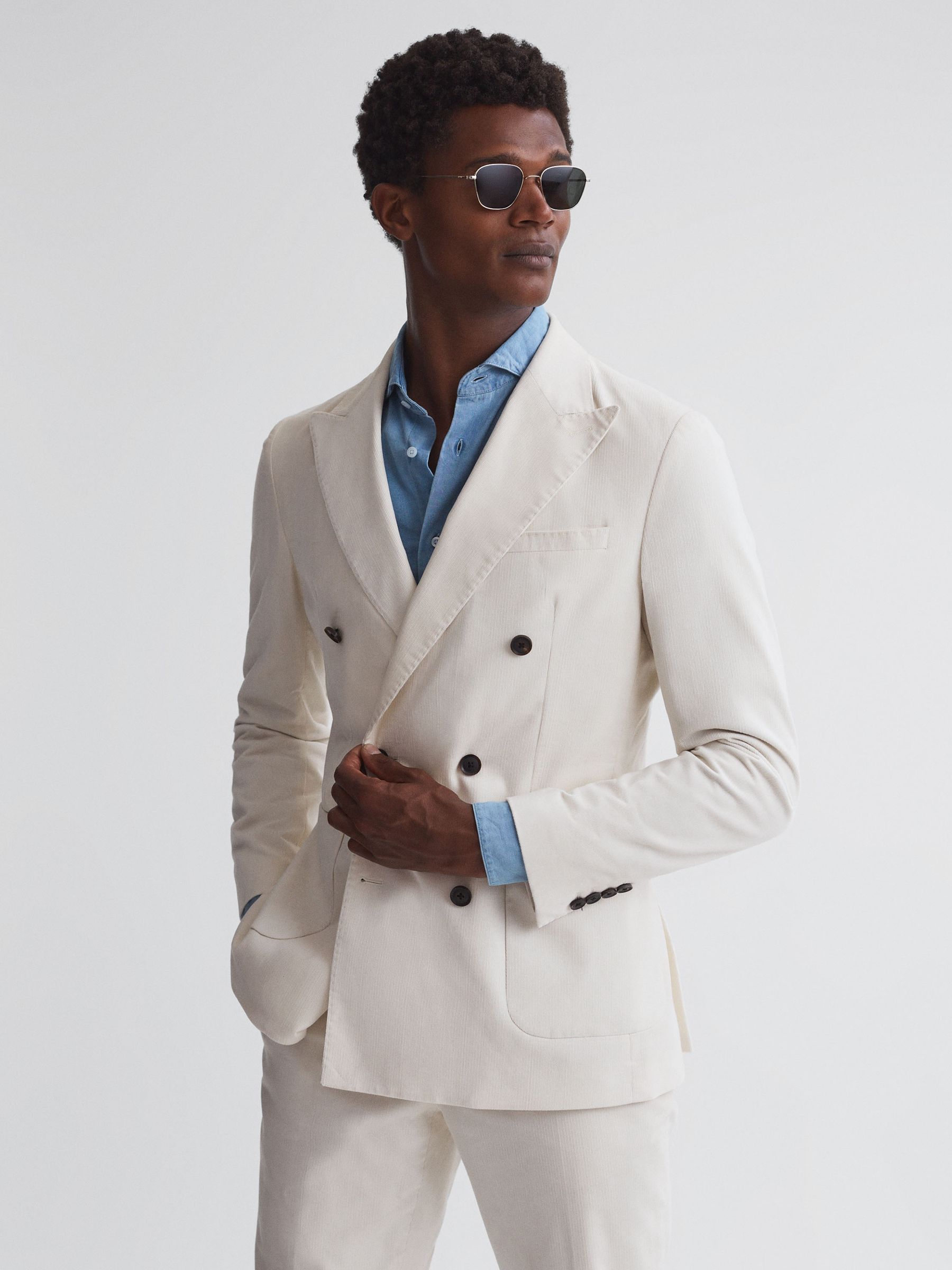 Slim Fit Double Breasted Cotton Blazer in Ecru - Image 1 of 8 Slim Fit Double Breasted Cotton Blazer in Ecru - Image 1 of 8