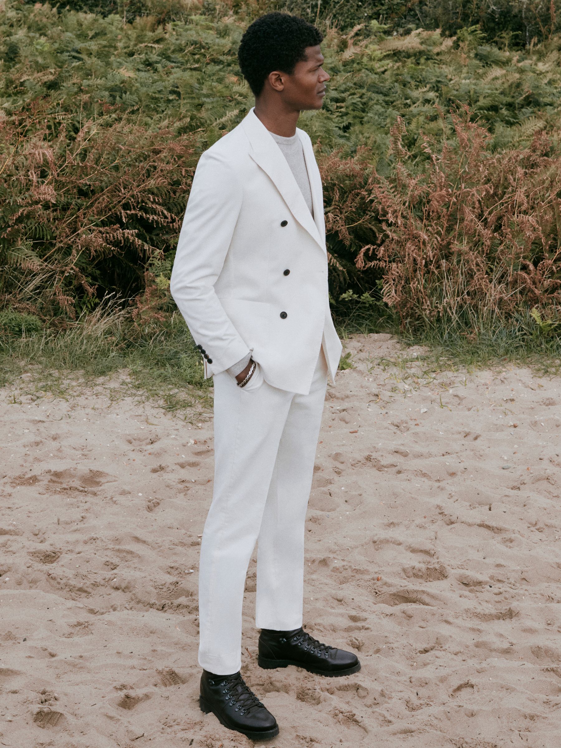 Slim Fit Double Breasted Cotton Blazer in Ecru - Image 3 of 8