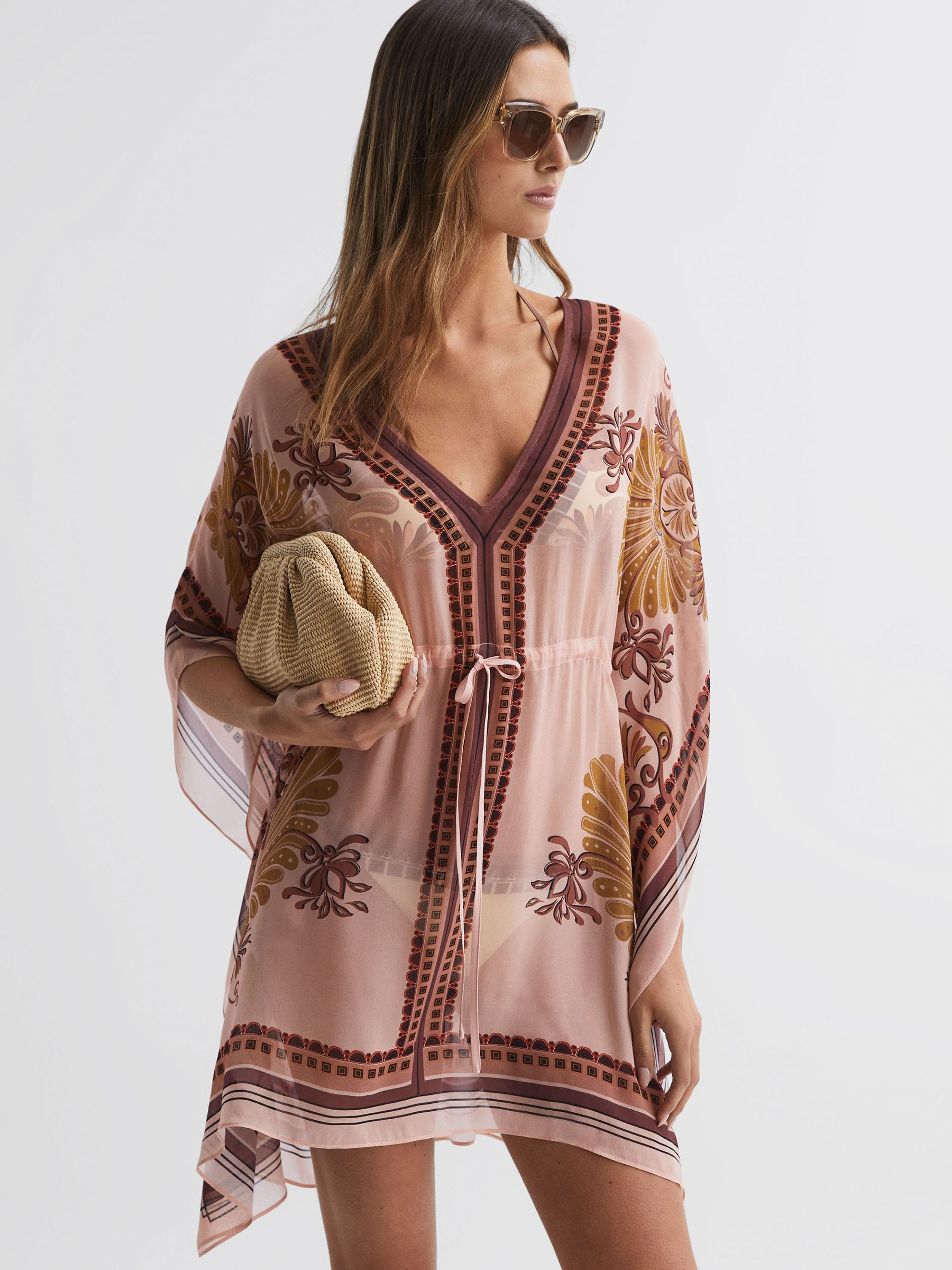 Abstract Print Drawstring Kaftan in Tan - Image 1 of 5