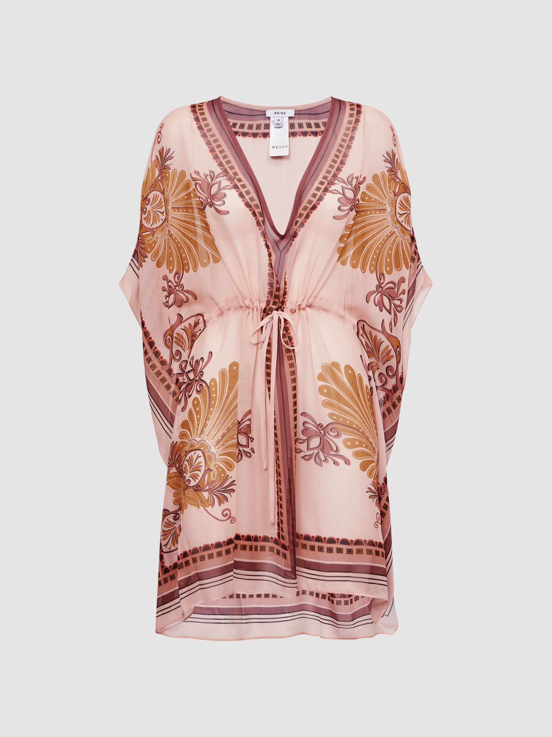 Abstract Print Drawstring Kaftan in Tan - Image 2 of 5