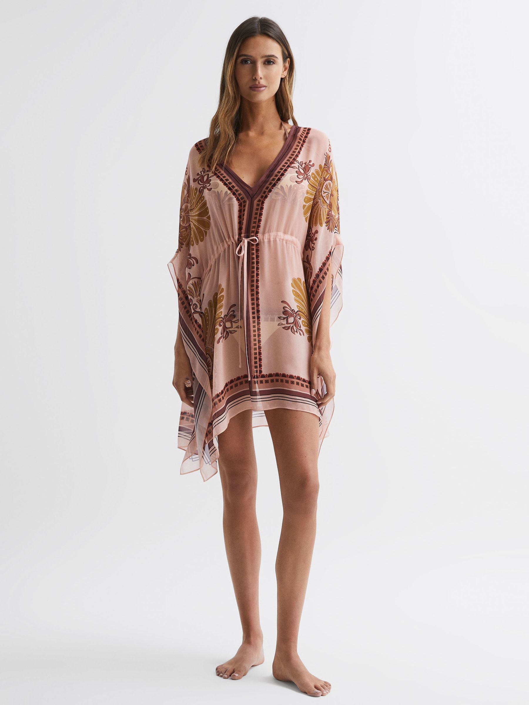 Abstract Print Drawstring Kaftan in Tan - Image 3 of 5