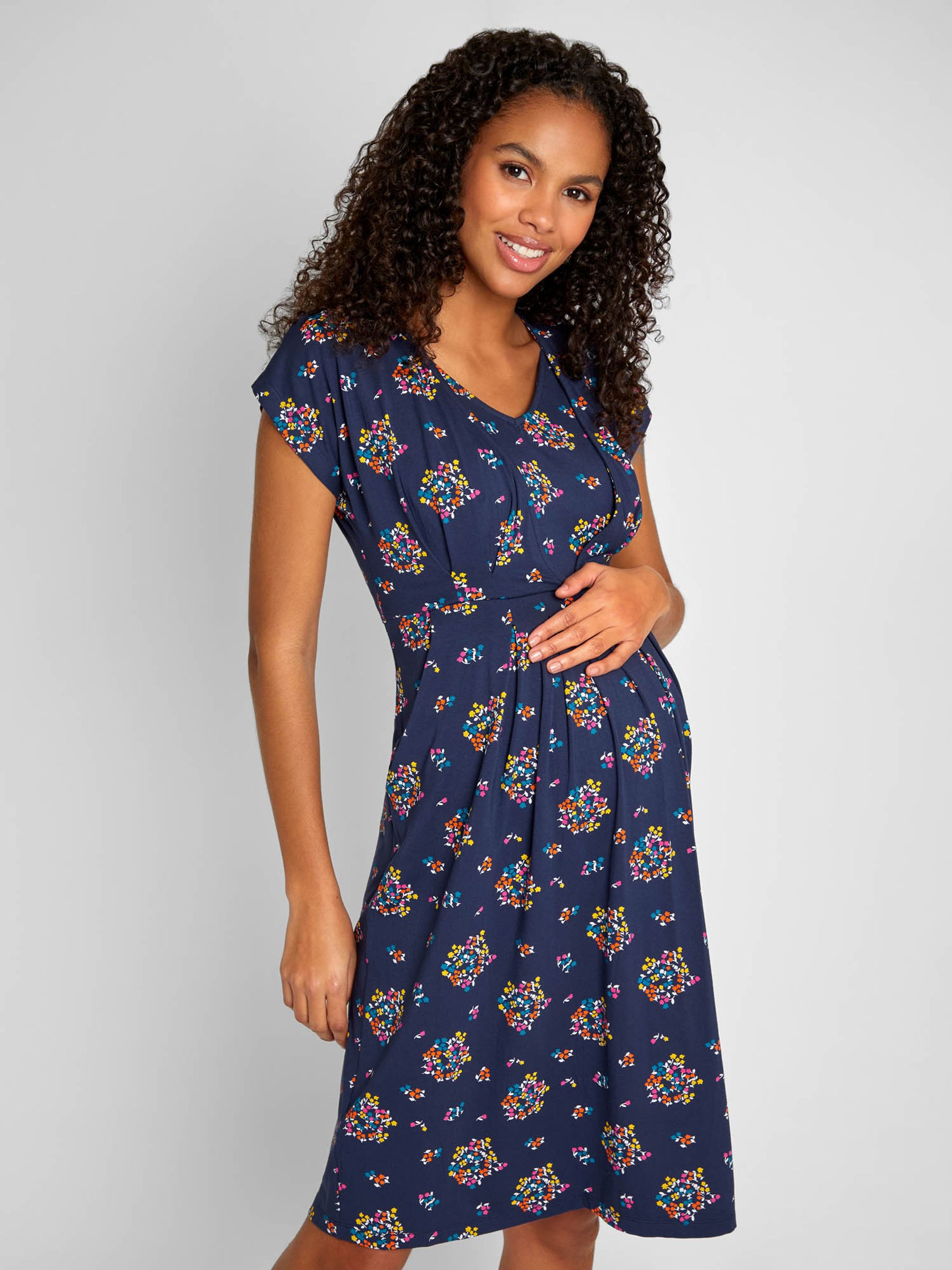 Navy Blue Floral Maternity & Nursing Tunic Dress - Image 1 of 4
