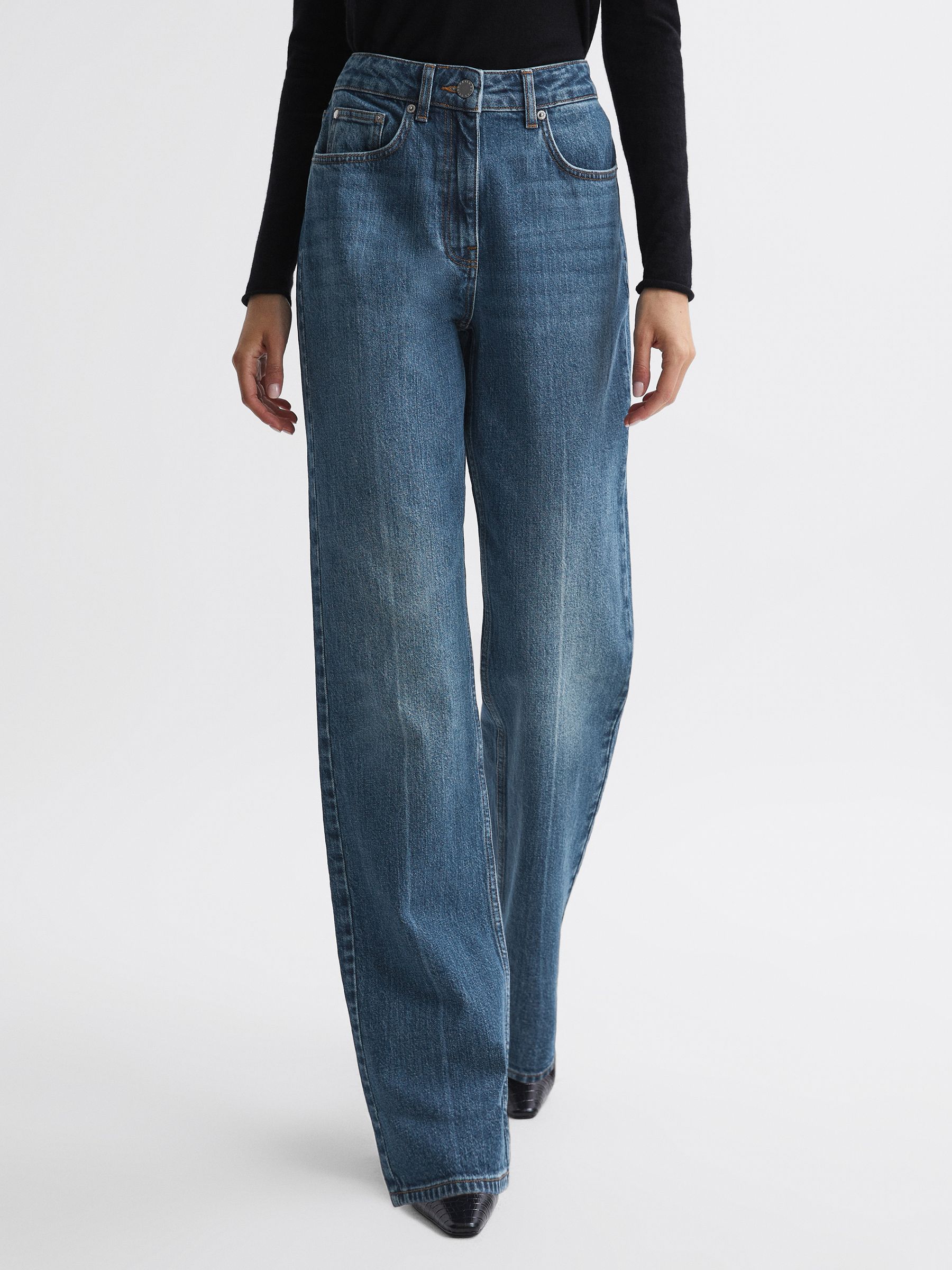 High Rise Straight Leg Jeans in Mid Blue - Image 1 of 5