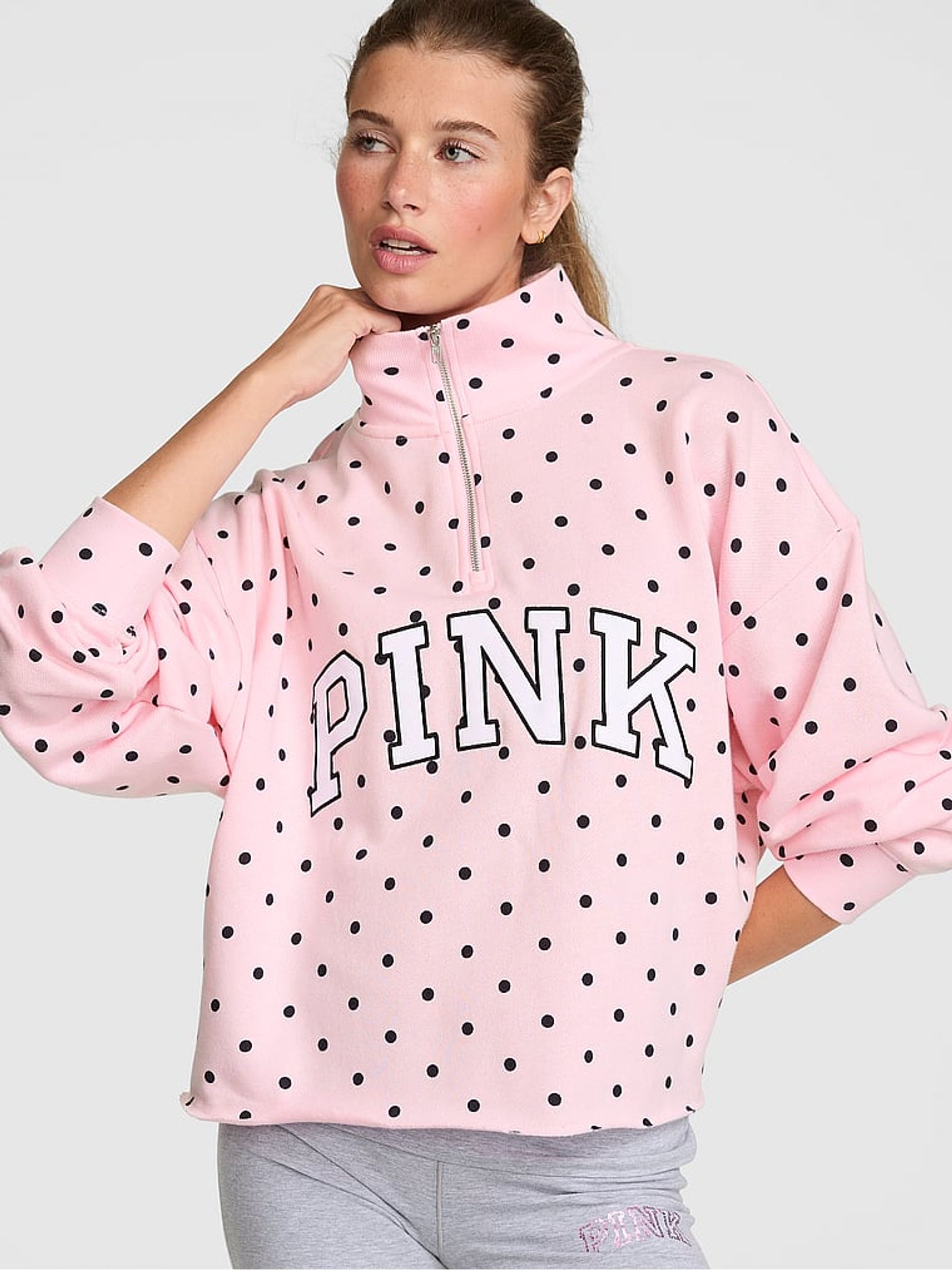 Pink Polka Dot Quarter Zip Fleece Sweatshirt - Image 1 of 2