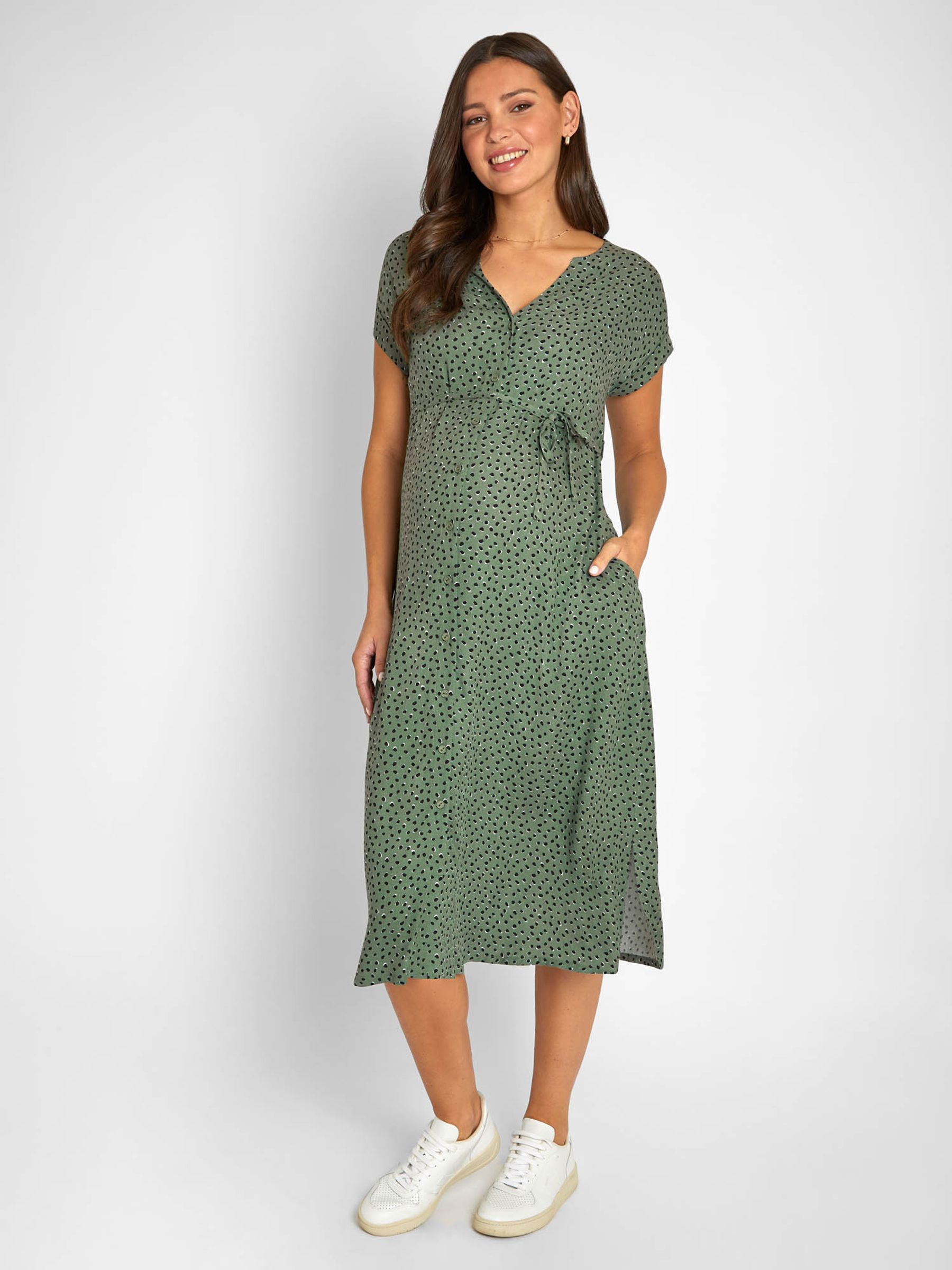 Khaki Green Spot Print Button Through V-Neck Maternity Midi Dress - Image 1 of 5