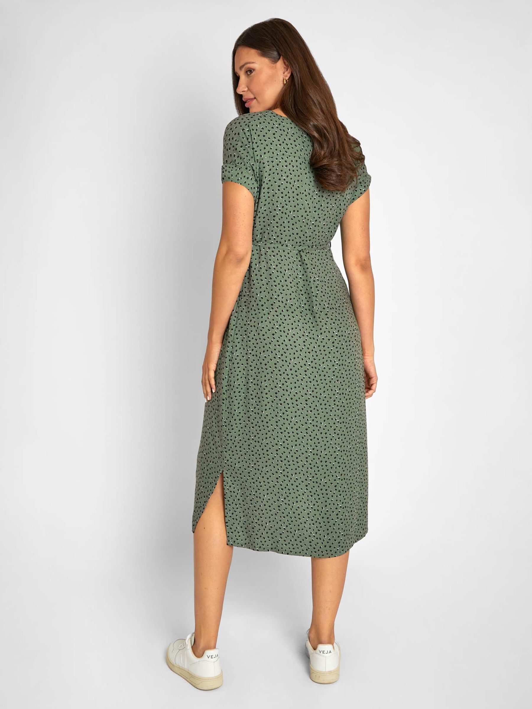 Khaki Green Spot Print Button Through V-Neck Maternity Midi Dress - Image 2 of 5