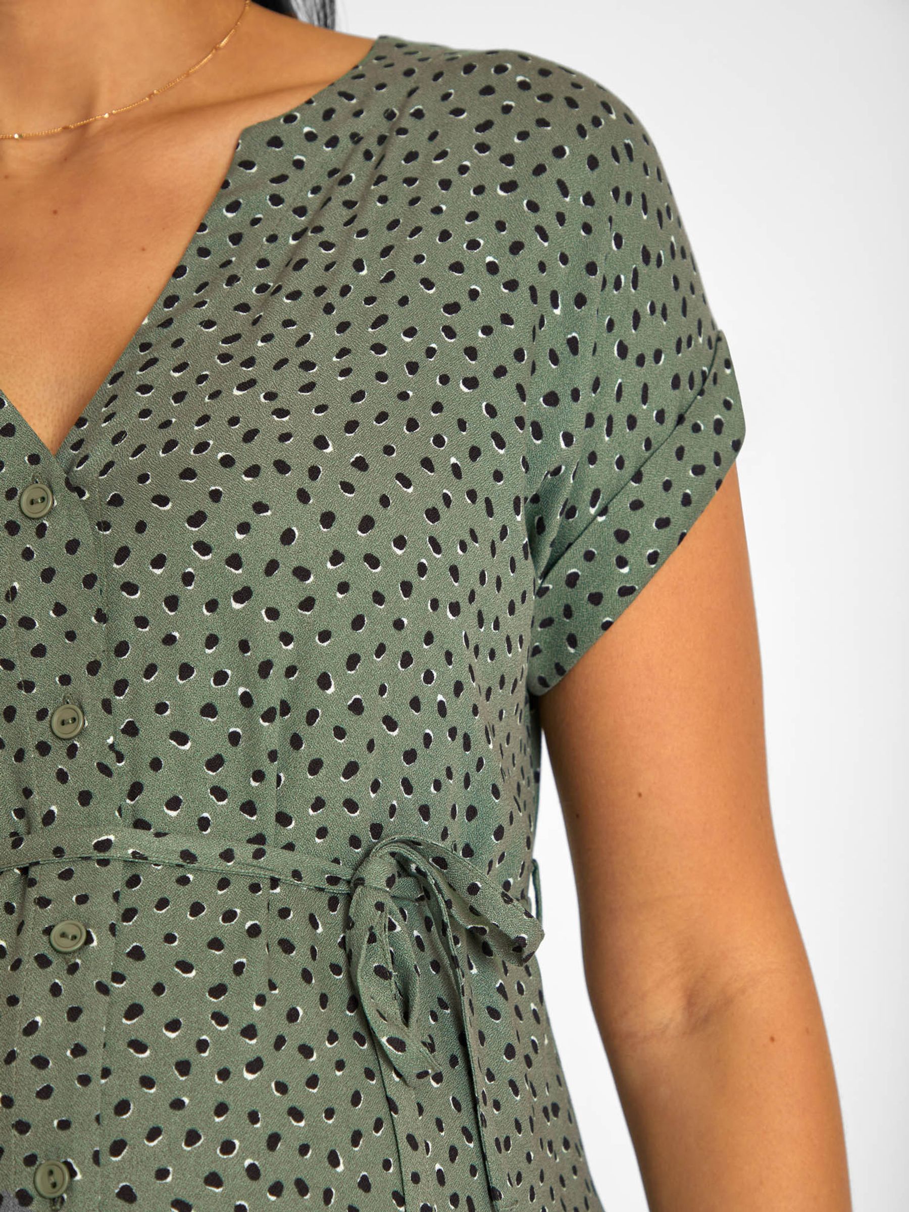 Khaki Green Spot Print Button Through V-Neck Maternity Midi Dress - Image 4 of 5