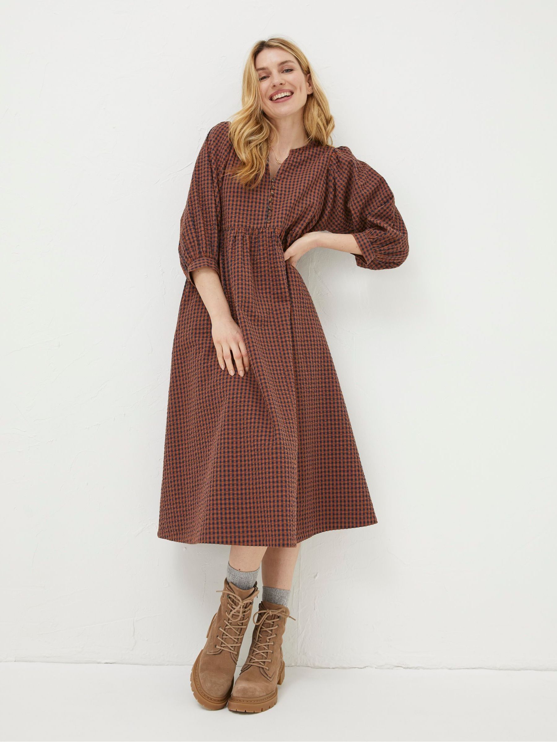 Ceil Brown Gingham Midi Dress - Image 1 of 6