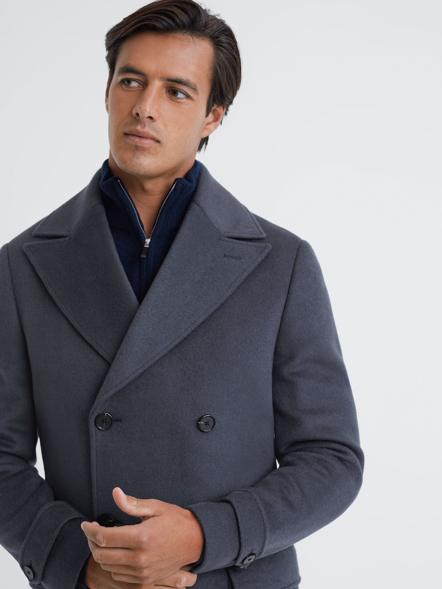 Wool Double Breasted Mid-Length Coat in Airforce Blue - Image 4 of 7