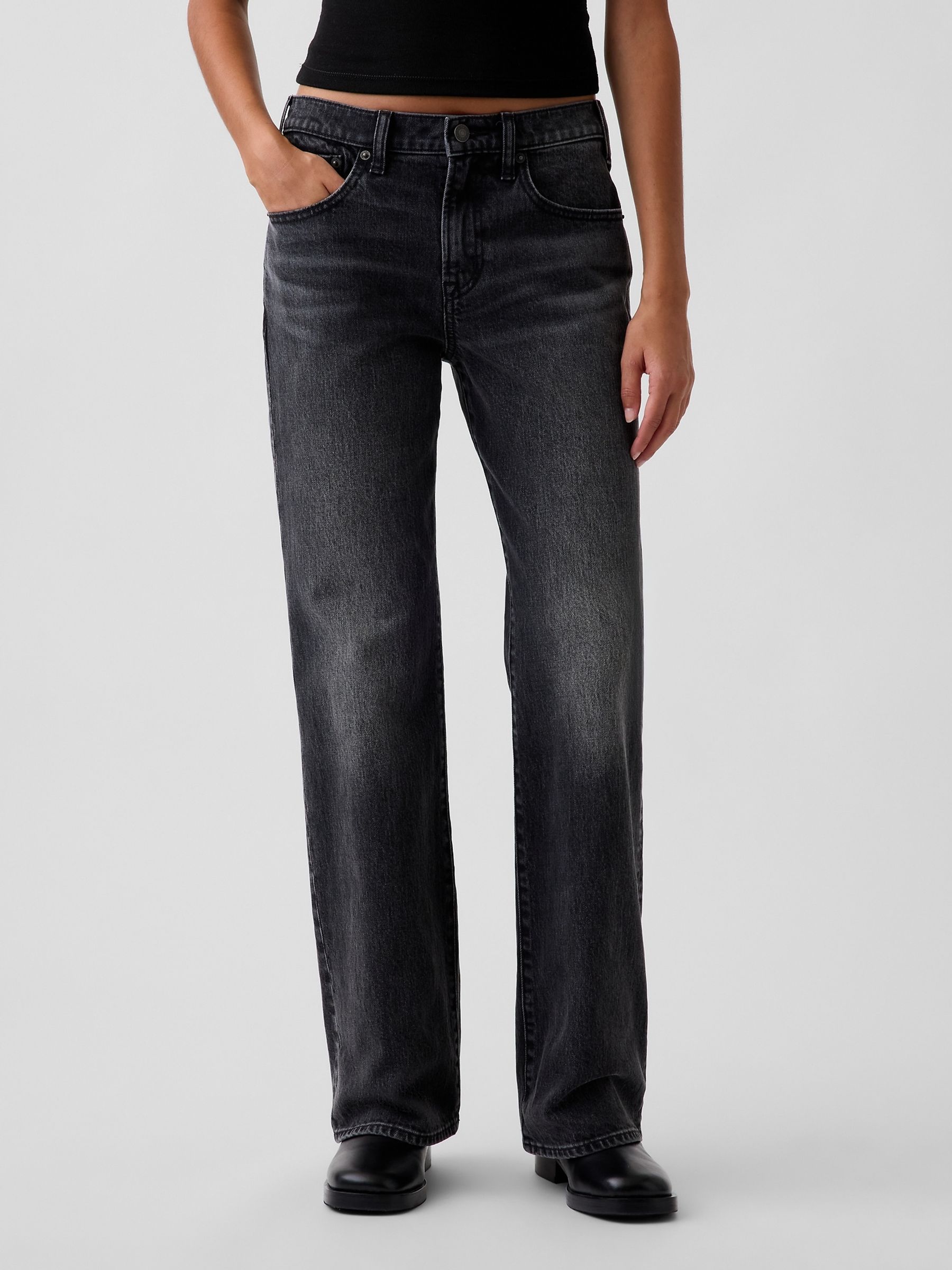 Black Wash Mid Rise Relaxed Flare Jeans - Image 1 of 5