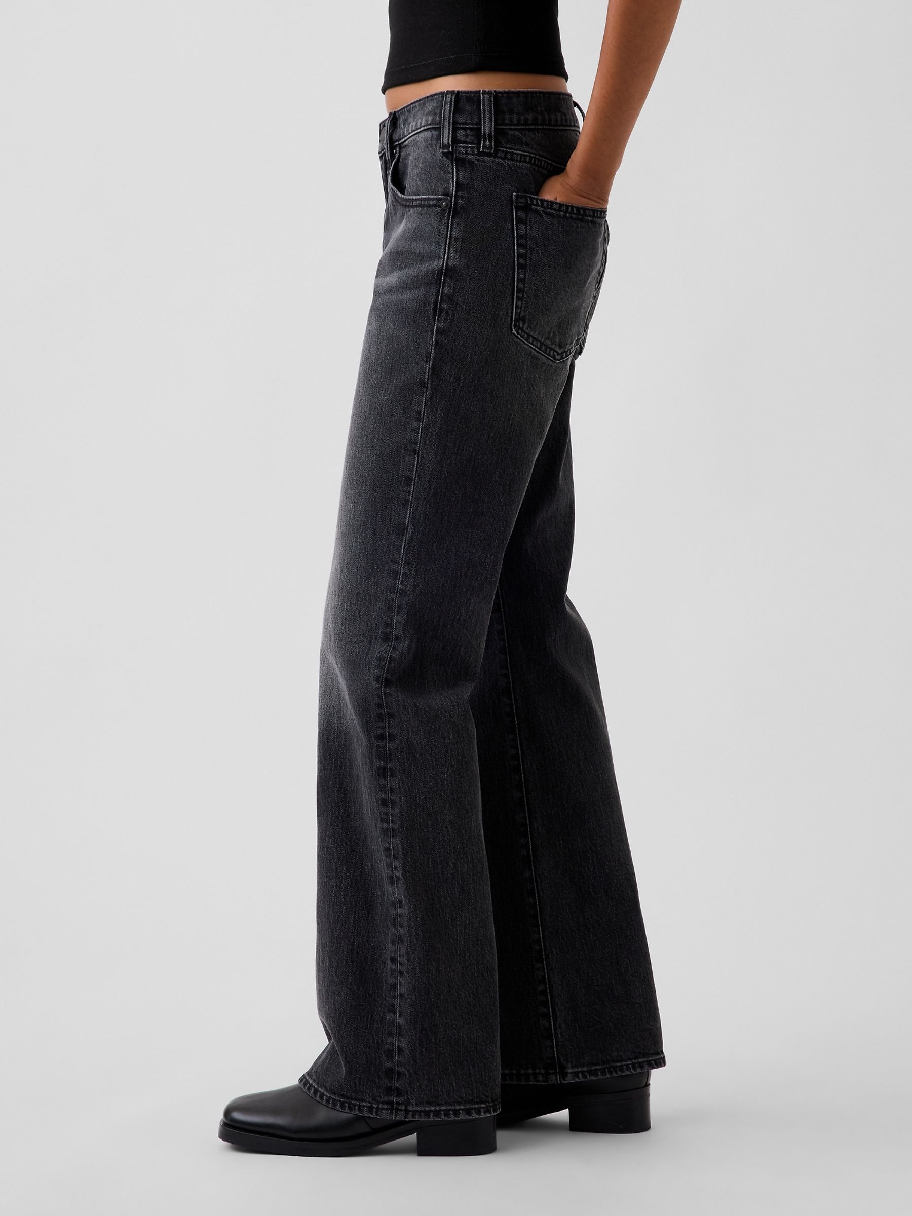 Black Wash Mid Rise Relaxed Flare Jeans - Image 3 of 5