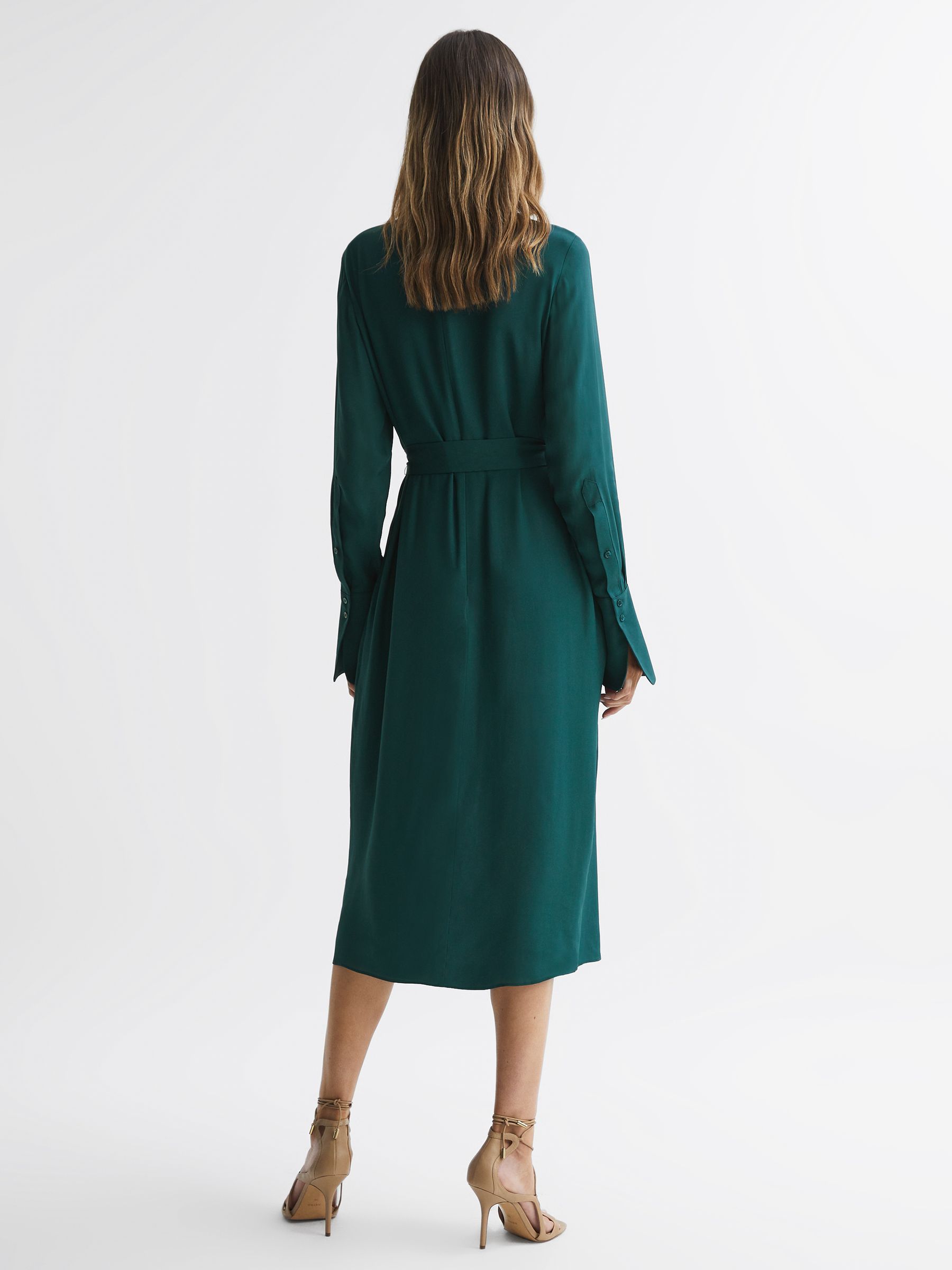 Pleated Long Sleeve Midi Dress in Green - Image 2 of 5
