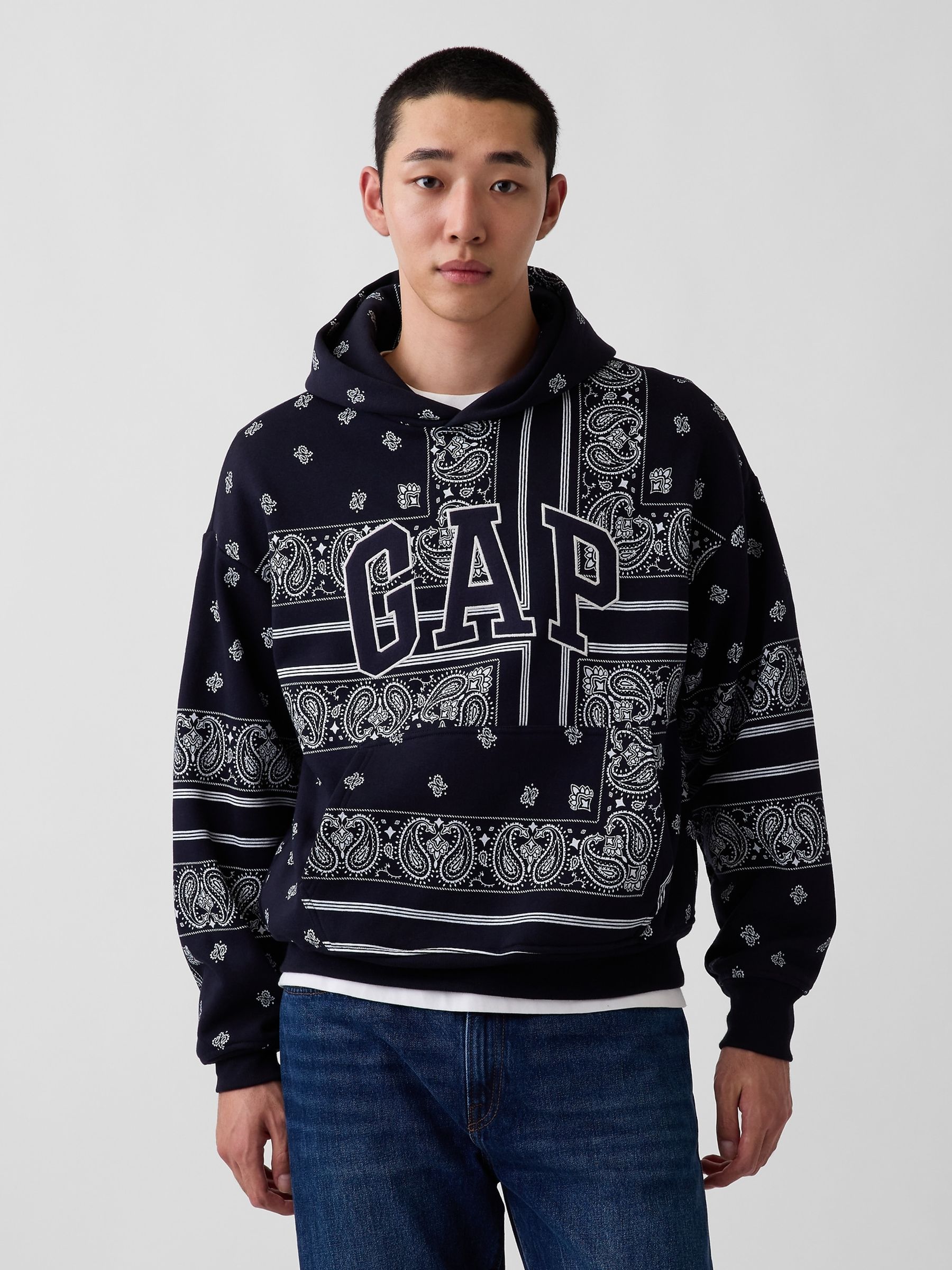 Navy Vintage Soft Bandana Print Oversized Logo Hoodie - Image 1 of 4