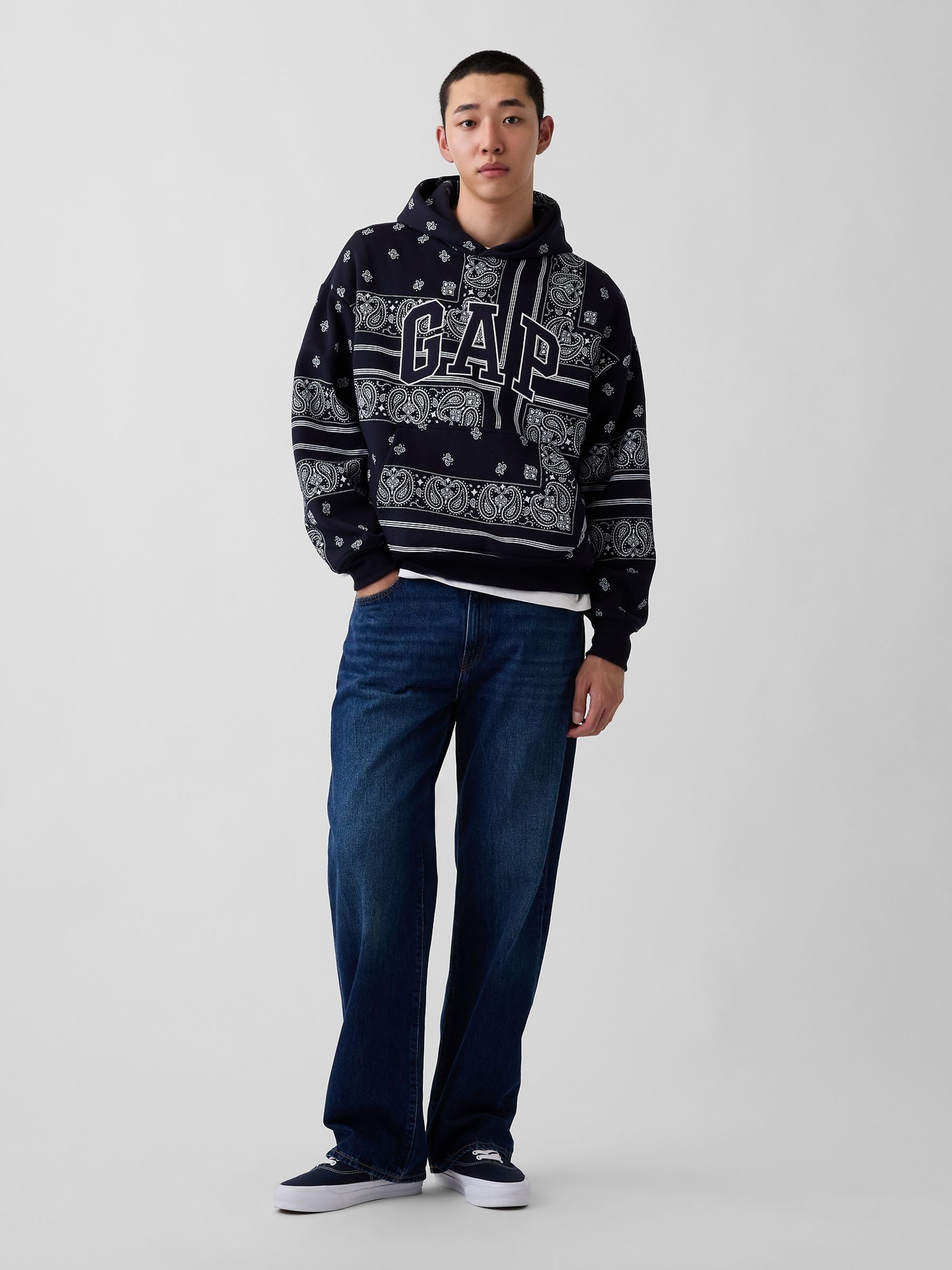 Navy Vintage Soft Bandana Print Oversized Logo Hoodie - Image 3 of 4