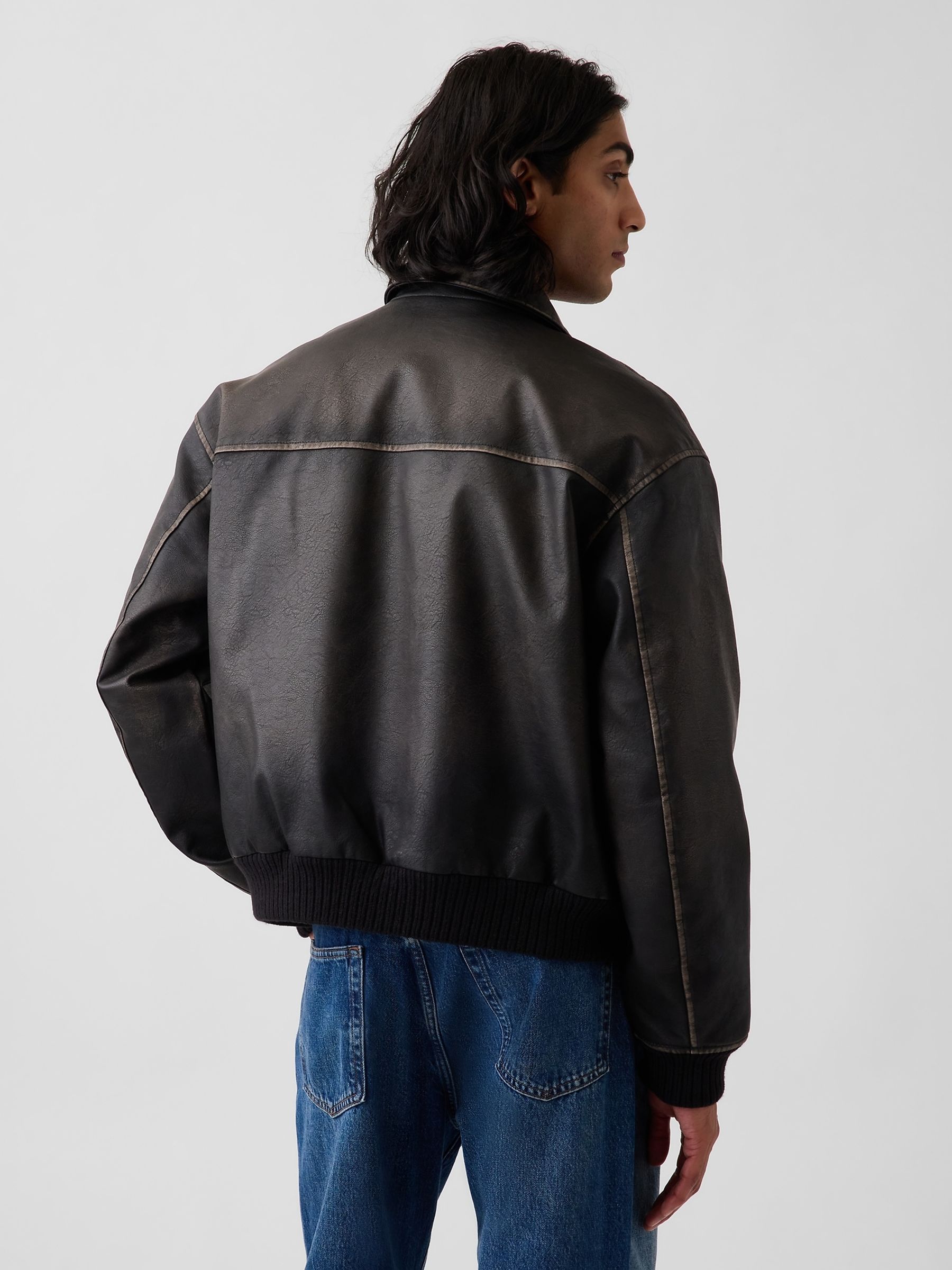 Distressed Black Faux Leather Bomber Jacket - Image 2 of 4