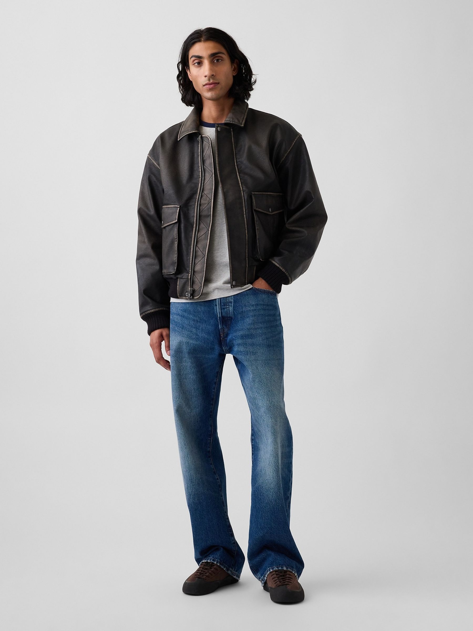 Distressed Black Faux Leather Bomber Jacket - Image 3 of 4