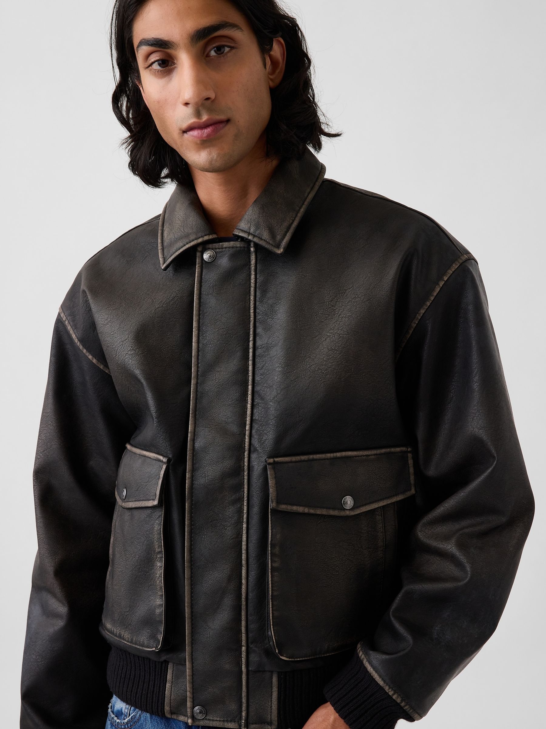 Distressed Black Faux Leather Bomber Jacket - Image 4 of 4