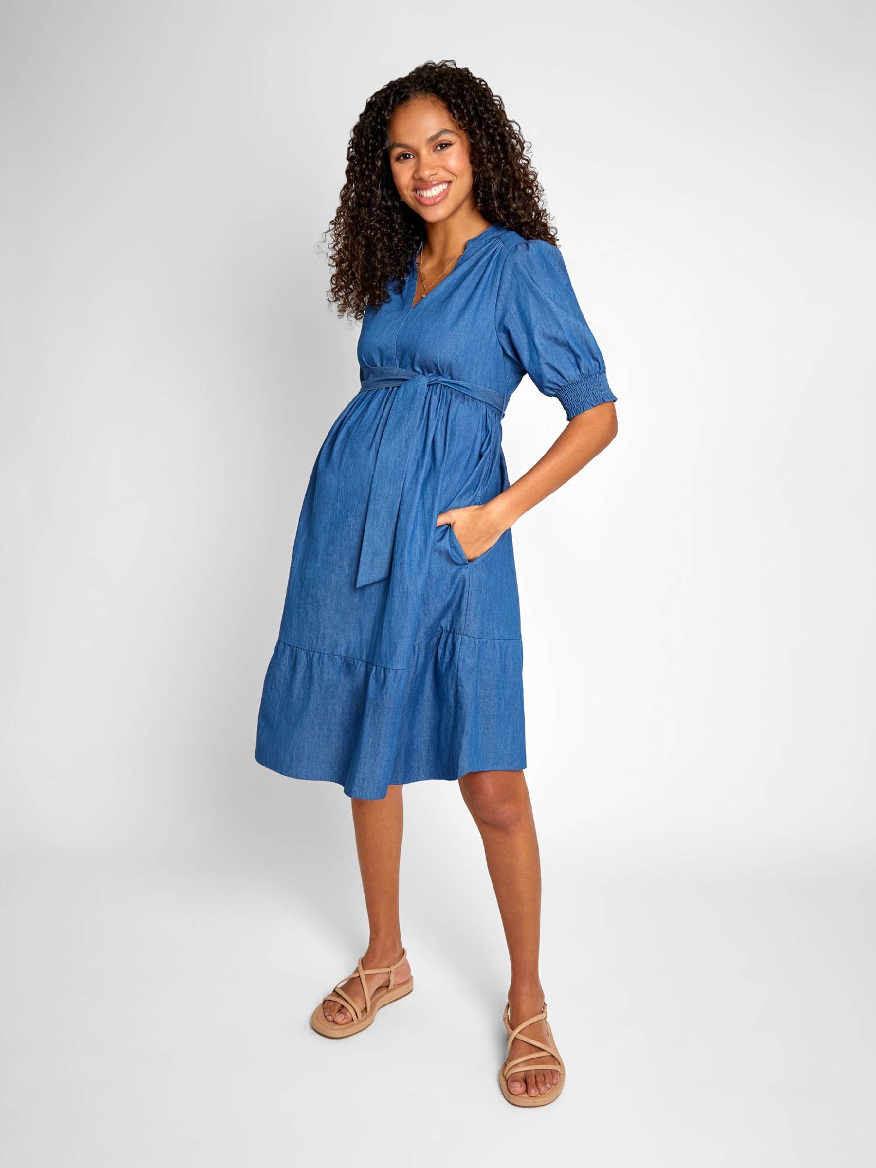 Chambray Tiered Maternity Shirt Dress - Image 1 of 5