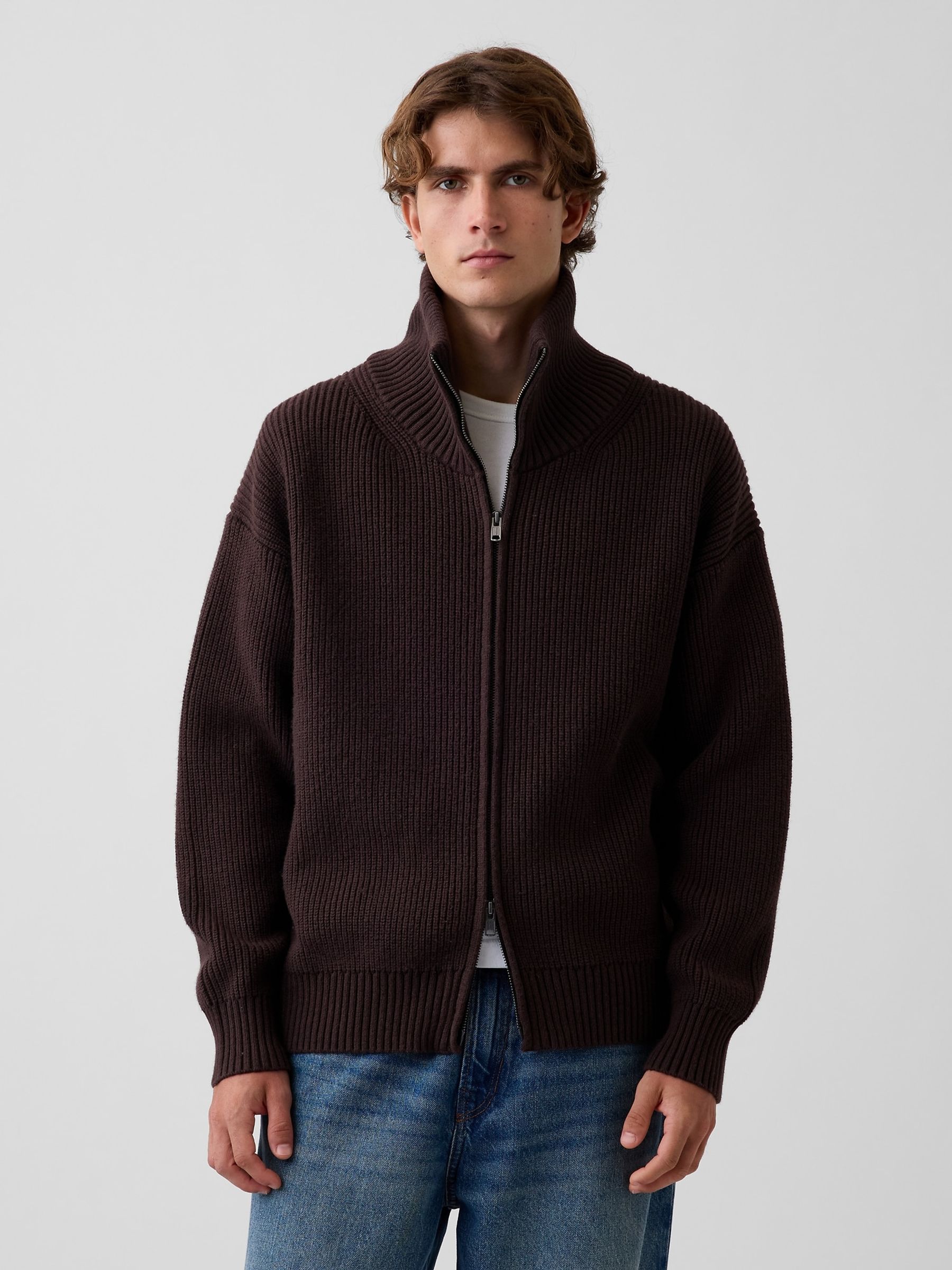 Brown Oversized Double-Zip Jumper - Image 1 of 4