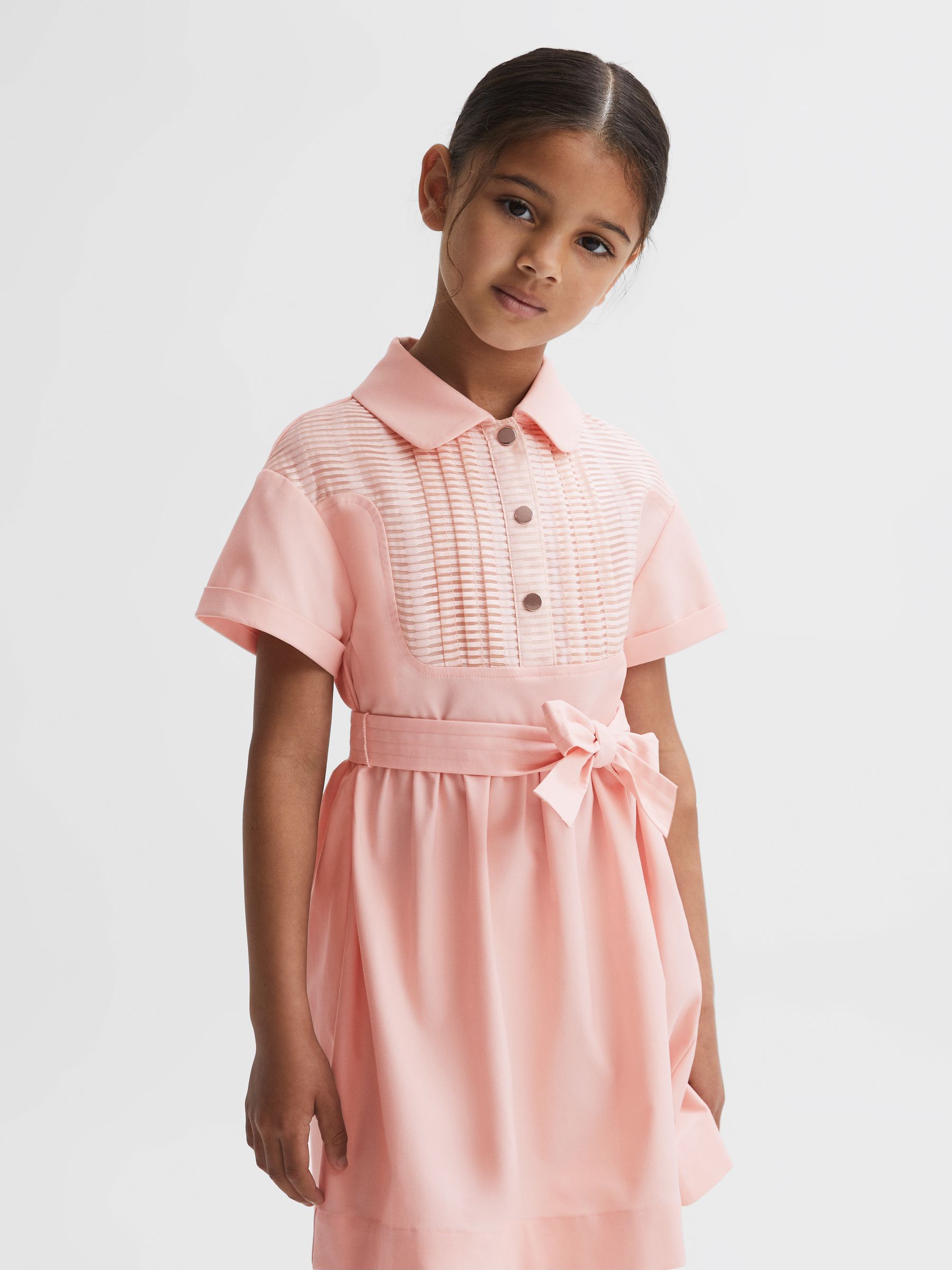 4-9 yrs Collared Belted Short Sleeve Dress in Pink - Image 1 of 5