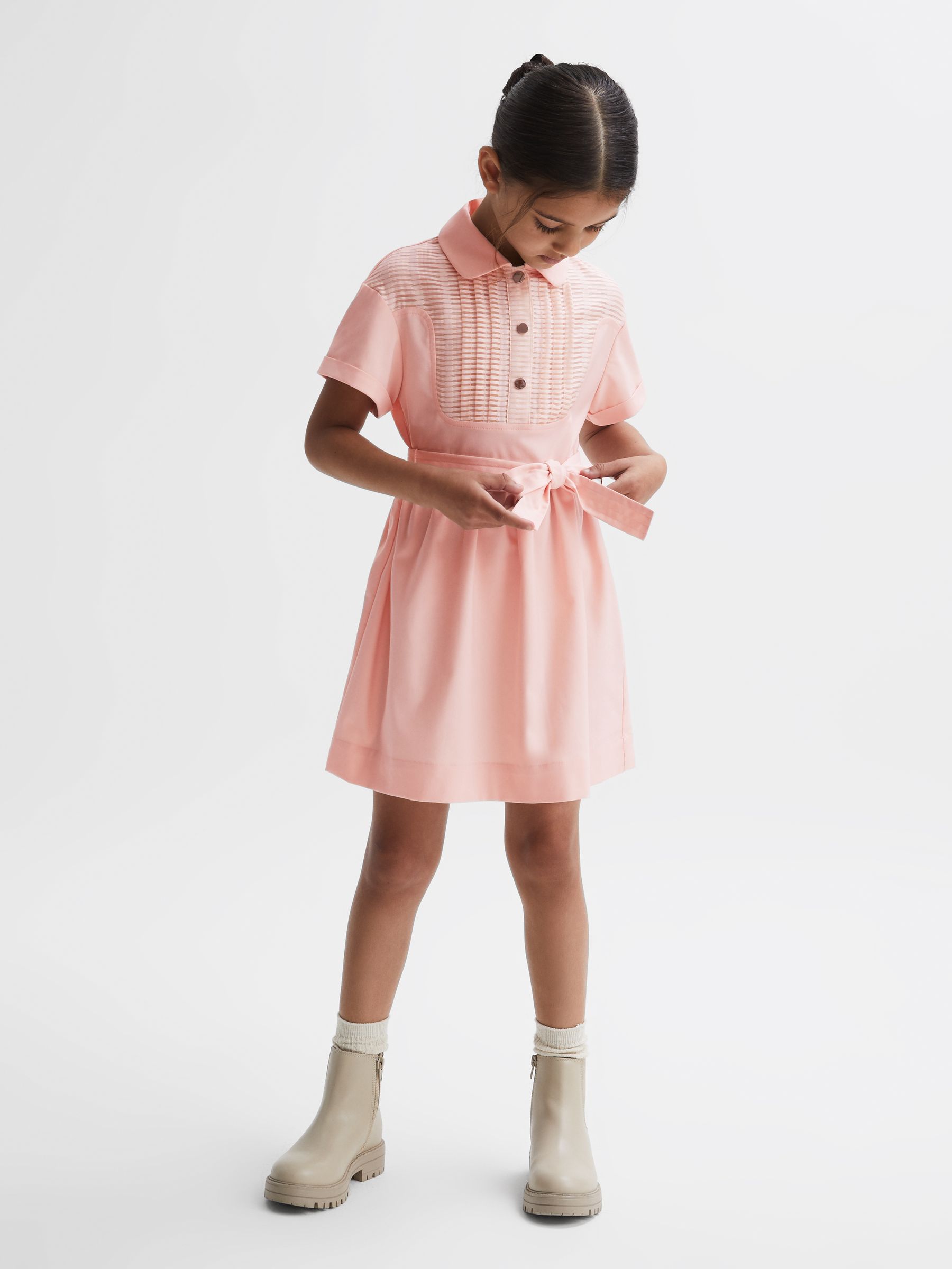 4-9 yrs Collared Belted Short Sleeve Dress in Pink - Image 3 of 5