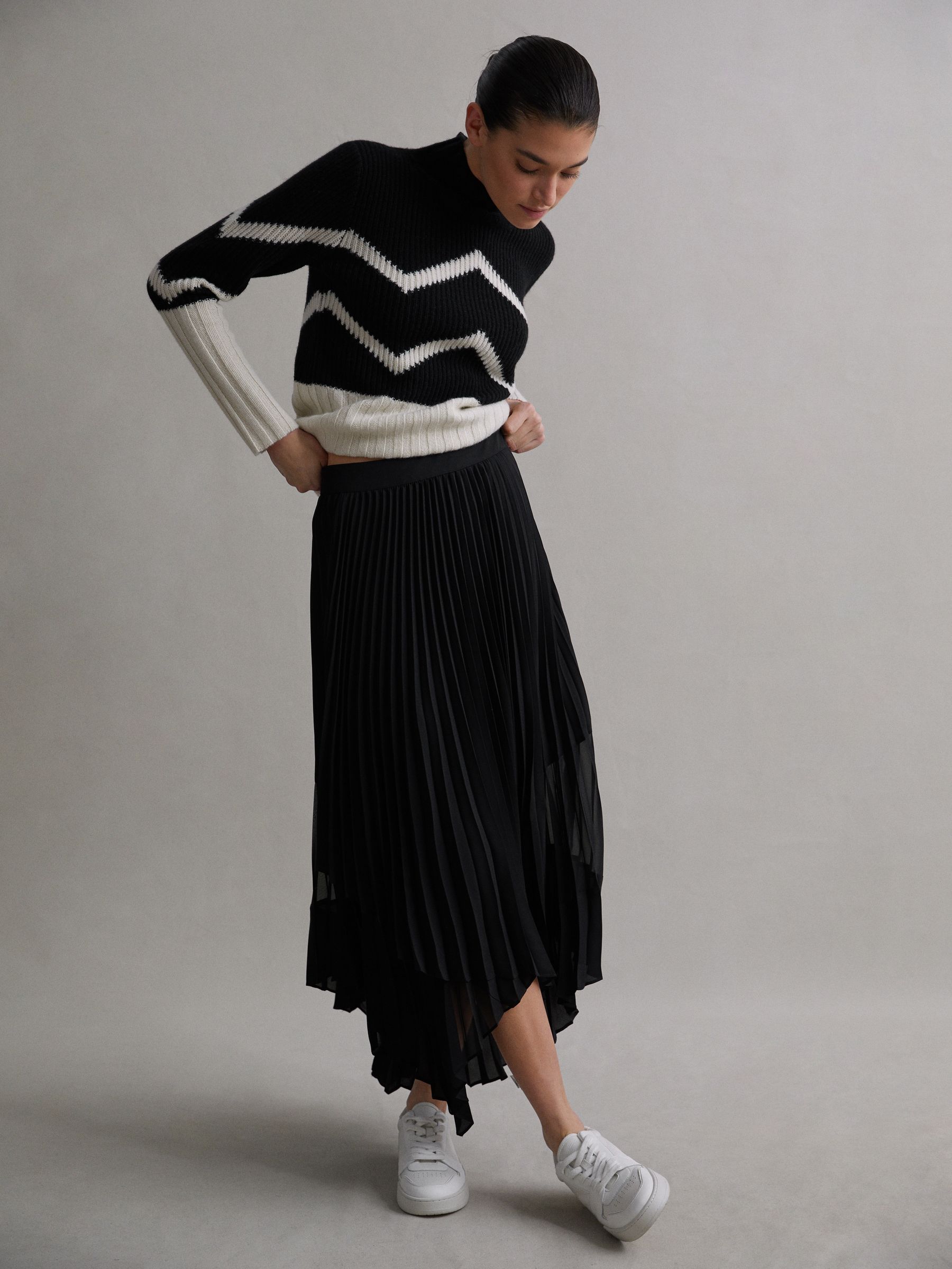 Pleated Layered Asymmetric Midi Skirt in Black - Image 1 of 5