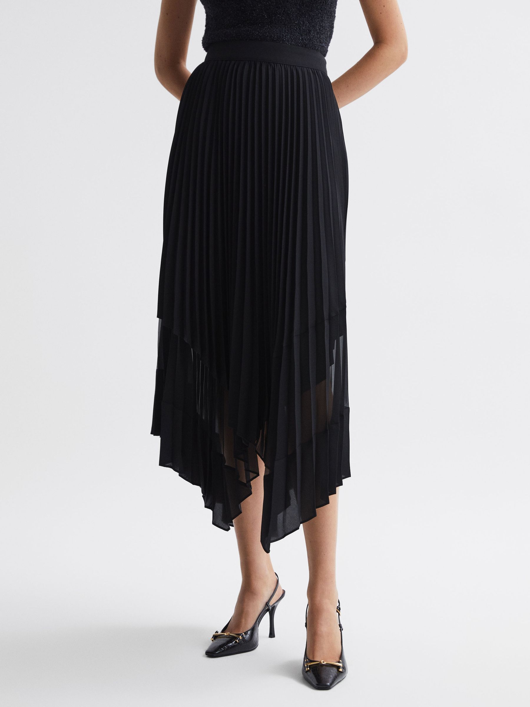 Pleated Layered Asymmetric Midi Skirt in Black - Image 3 of 5