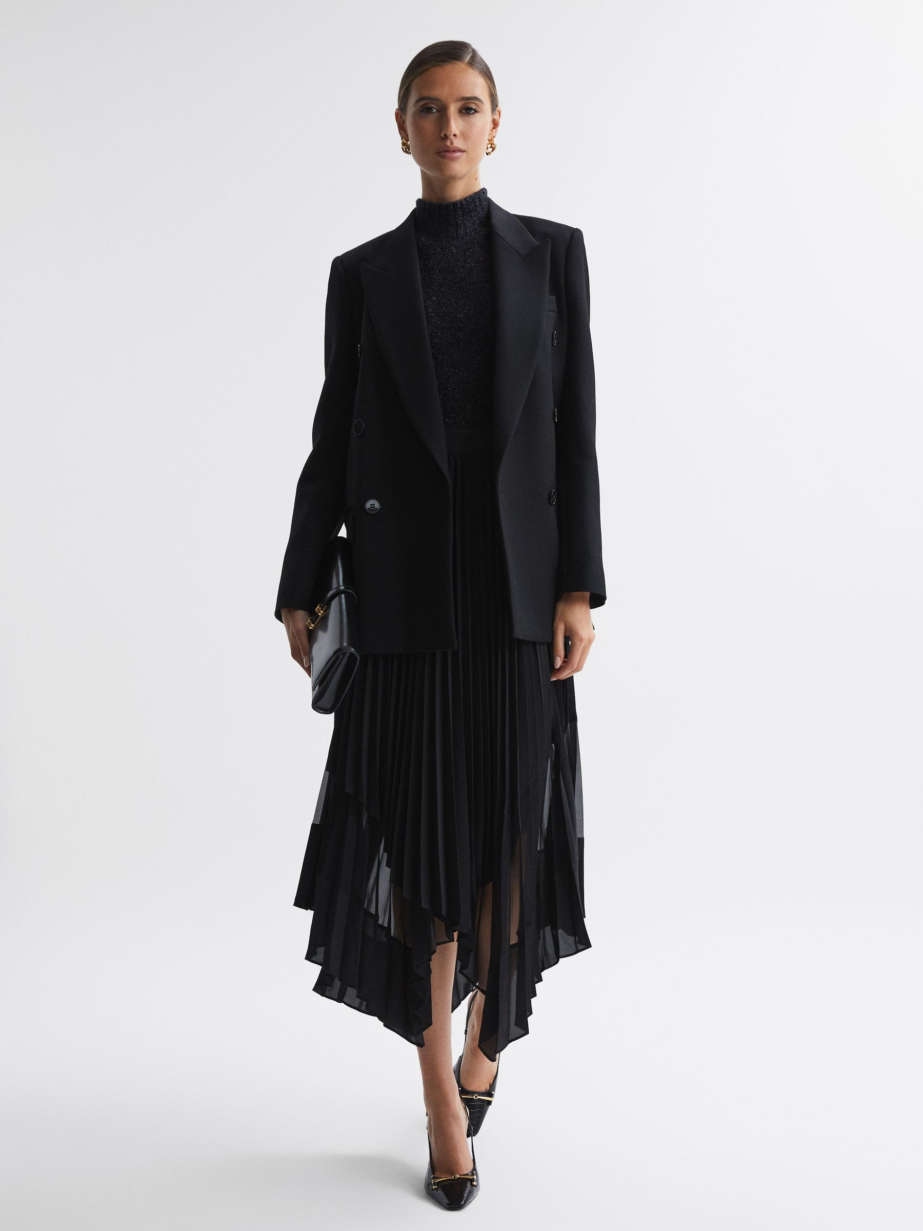 Pleated Layered Asymmetric Midi Skirt in Black - Image 5 of 5