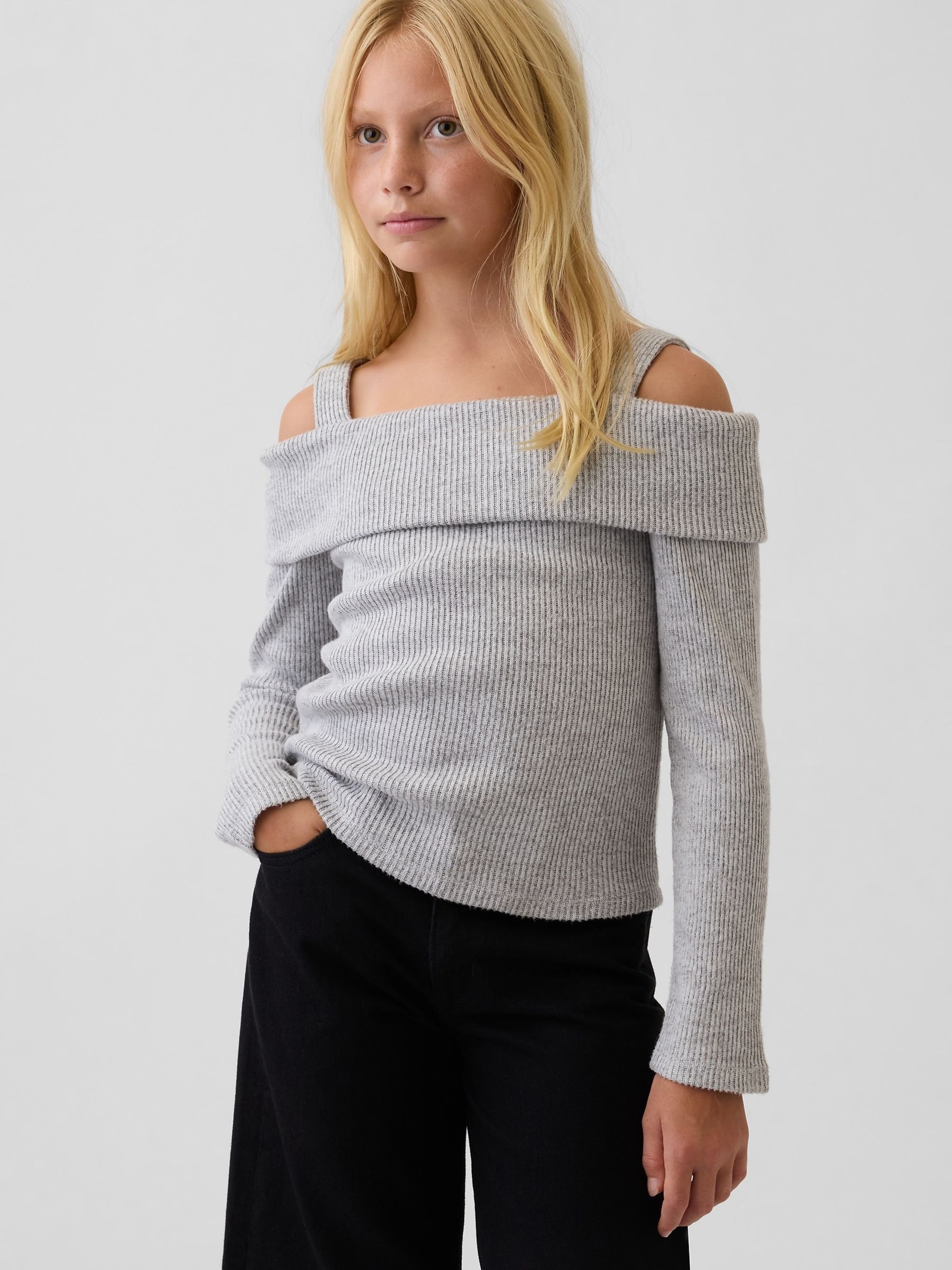 Grey Off-Shoulder Rib Top - Image 1 of 4 Grey Off-Shoulder Rib Top - Image 1 of 4